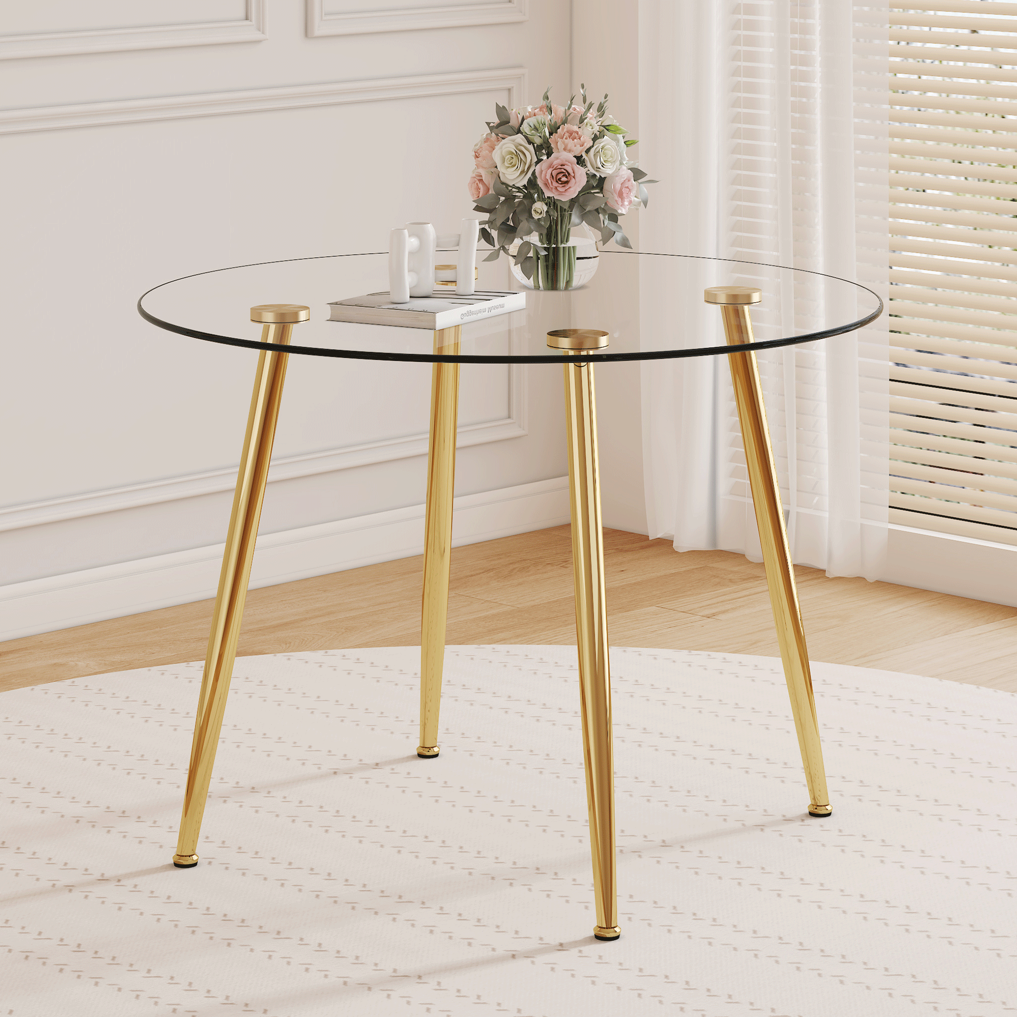 39.7-inch diameter circular dining table: transparent glass paired with golden table legs, showcasing an elegant style and fashionable restaurant furniture. 39.7-inch diameter circular dining table: transparent glass paired with golden table legs, showcasing an elegant style and fashionable restaurant furniture.