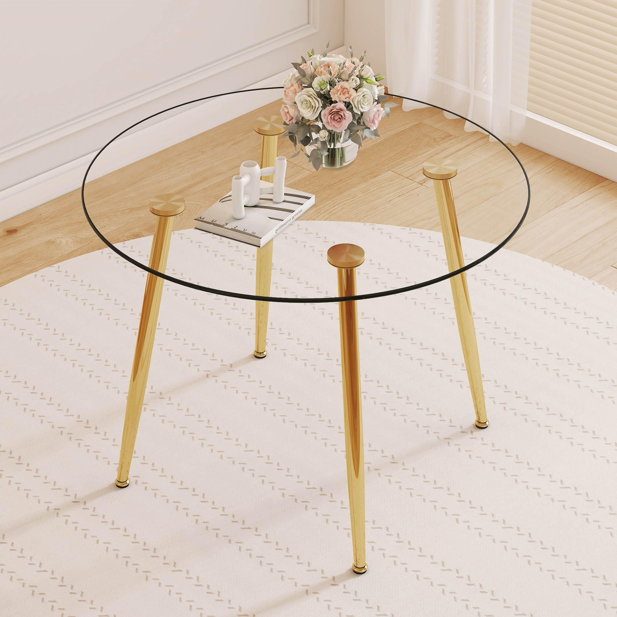 39.7-inch diameter circular dining table: transparent glass paired with golden table legs, showcasing an elegant style and fashionable restaurant furniture. 39.7-inch diameter circular dining table: transparent glass paired with golden table legs, showcasing an elegant style and fashionable restaurant furniture.
