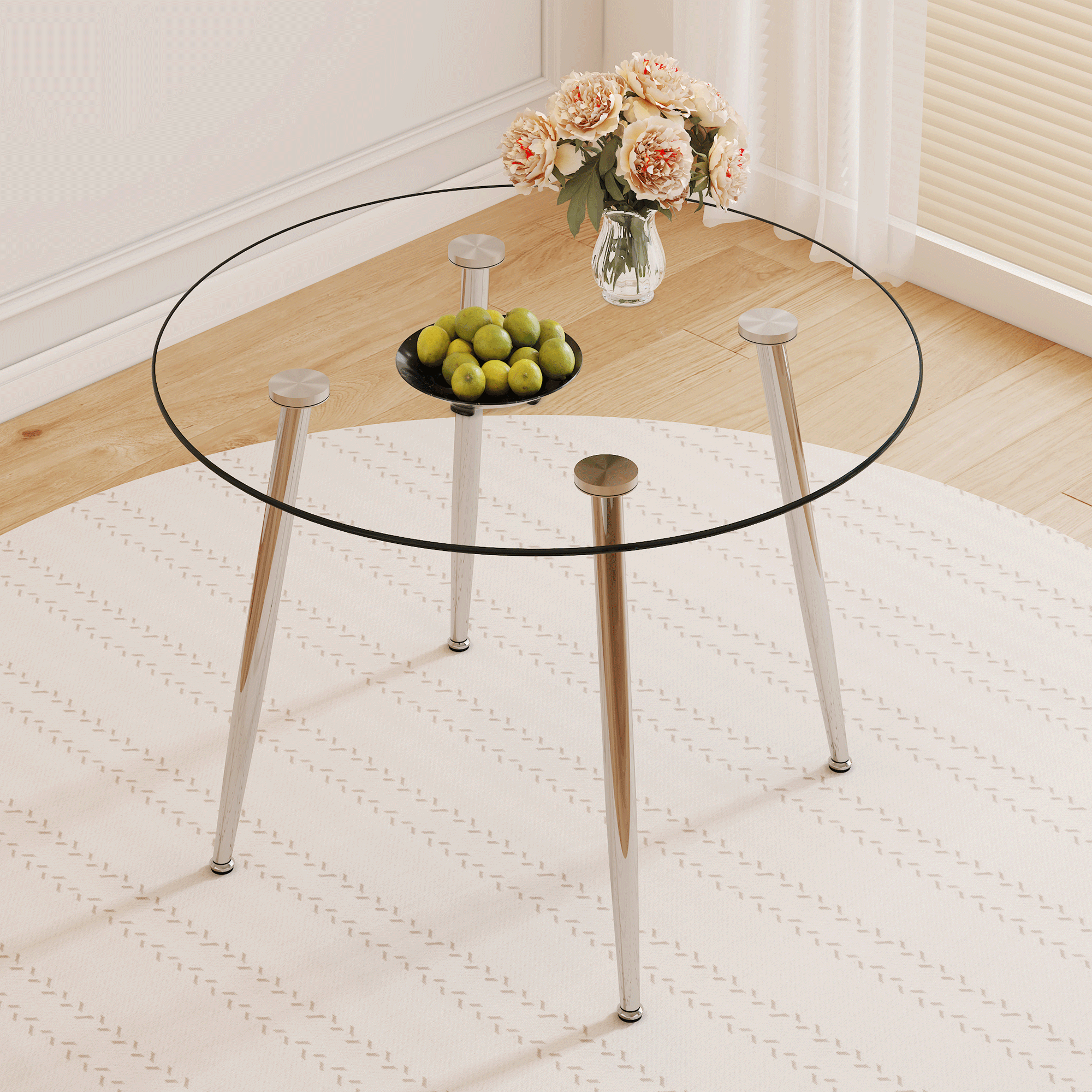39.7-inch diameter circular dining table: transparent glass paired with silver table legs, showcasing an elegant style and fashionable restaurant furniture. 39.7-inch diameter circular dining table: transparent glass paired with silver table legs, showcasing an elegant style and fashionable restaurant furniture.