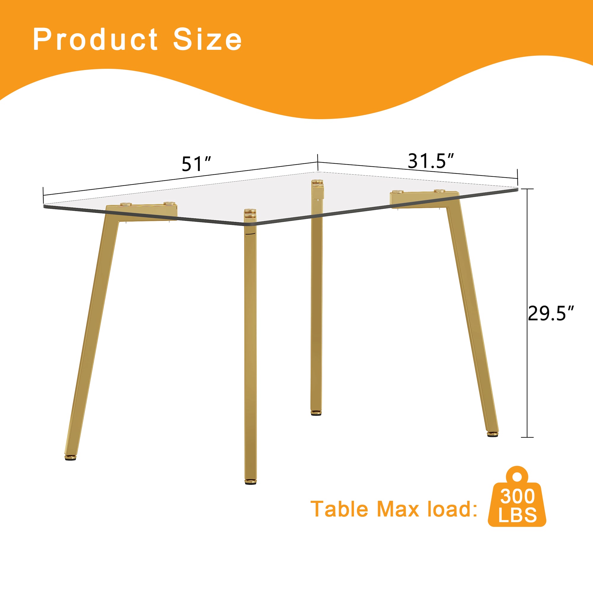 51 * 31.5 inch rectangular dining table: transparent glass paired with golden seven character legs, showcasing a luxurious texture. Suitable for various places such as kitchens, dining rooms,etc. 51 * 31.5 inch rectangular dining table: transparent glass paired with golden seven character legs, showcasing a luxurious texture. Suitable for various places such as kitchens, dining rooms,etc.