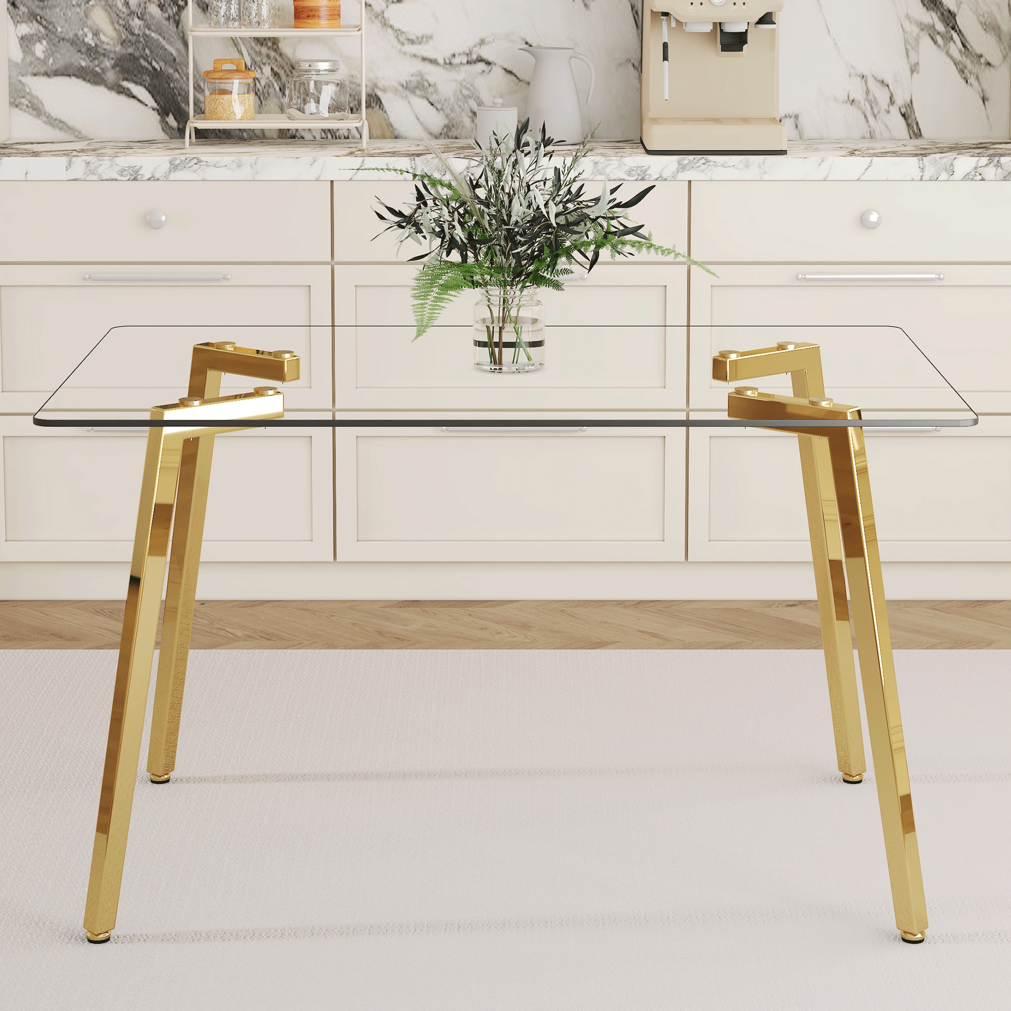 51 * 31.5 inch rectangular dining table: transparent glass paired with golden seven character legs, showcasing a luxurious texture. Suitable for various places such as kitchens, dining rooms,etc. 51 * 31.5 inch rectangular dining table: transparent glass paired with golden seven character legs, showcasing a luxurious texture. Suitable for various places such as kitchens, dining rooms,etc.