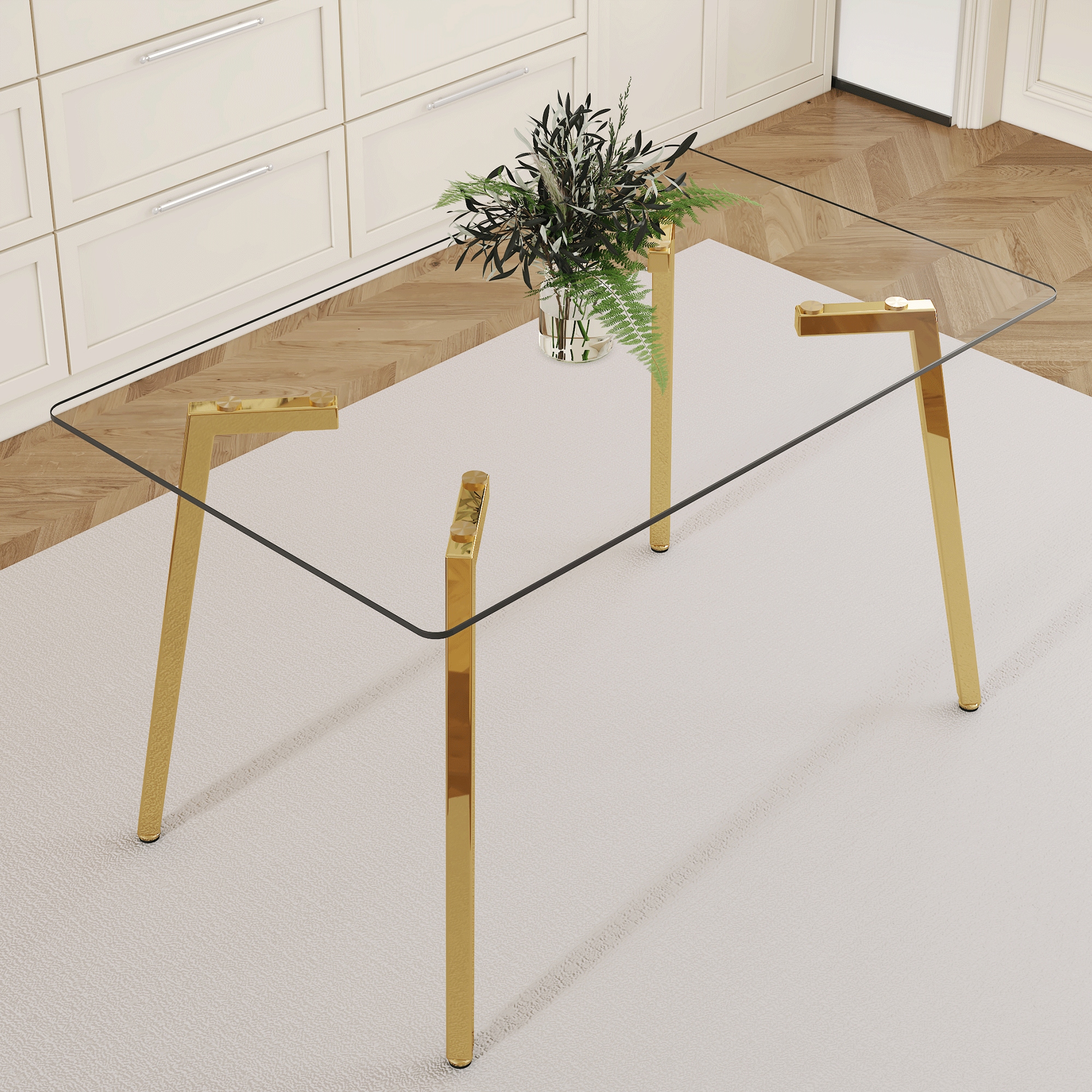 51 * 31.5 inch rectangular dining table: transparent glass paired with golden seven character legs, showcasing a luxurious texture. Suitable for various places such as kitchens, dining rooms,etc. 51 * 31.5 inch rectangular dining table: transparent glass paired with golden seven character legs, showcasing a luxurious texture. Suitable for various places such as kitchens, dining rooms,etc.