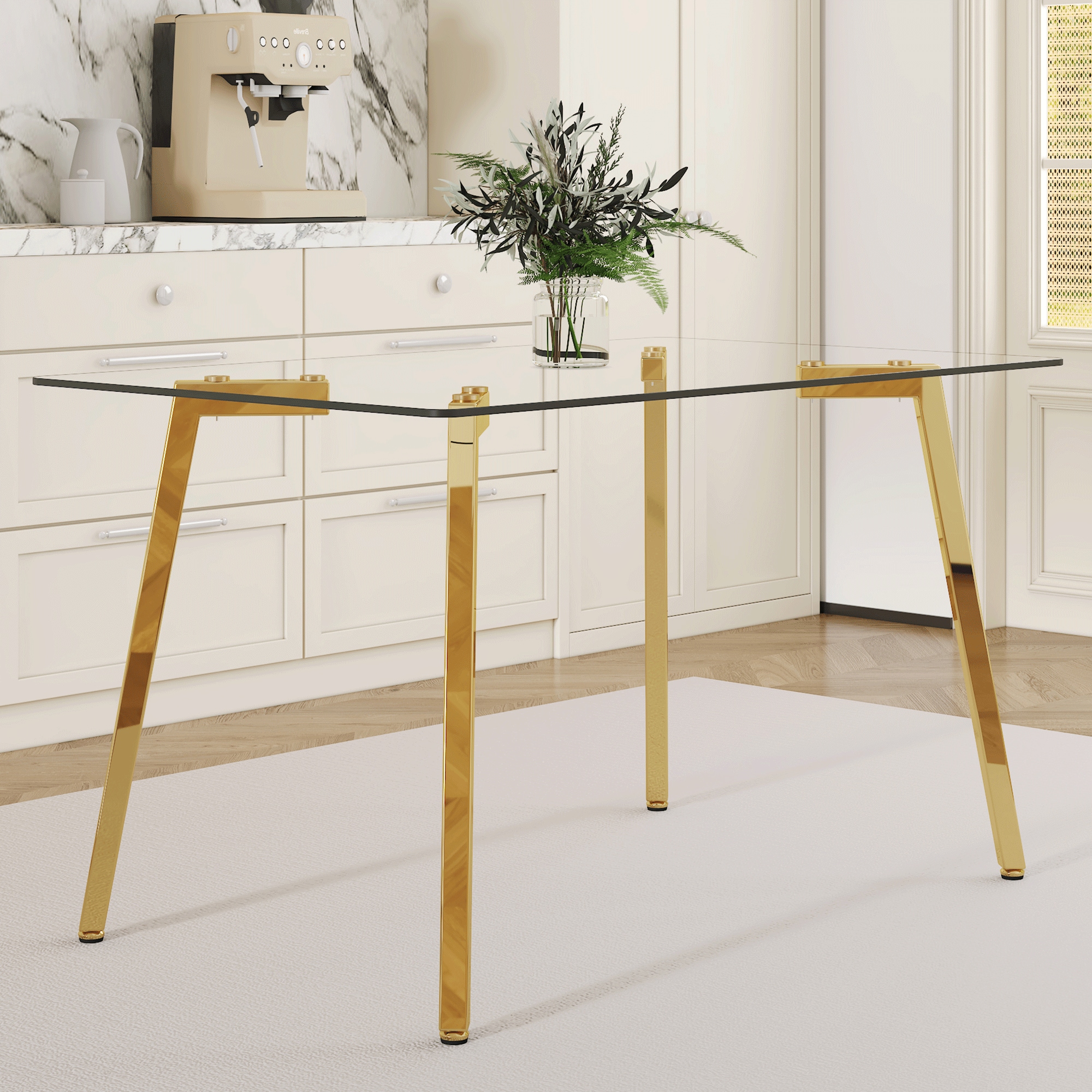51 * 31.5 inch rectangular dining table: transparent glass paired with golden seven character legs, showcasing a luxurious texture. Suitable for various places such as kitchens, dining rooms,etc. 51 * 31.5 inch rectangular dining table: transparent glass paired with golden seven character legs, showcasing a luxurious texture. Suitable for various places such as kitchens, dining rooms,etc.