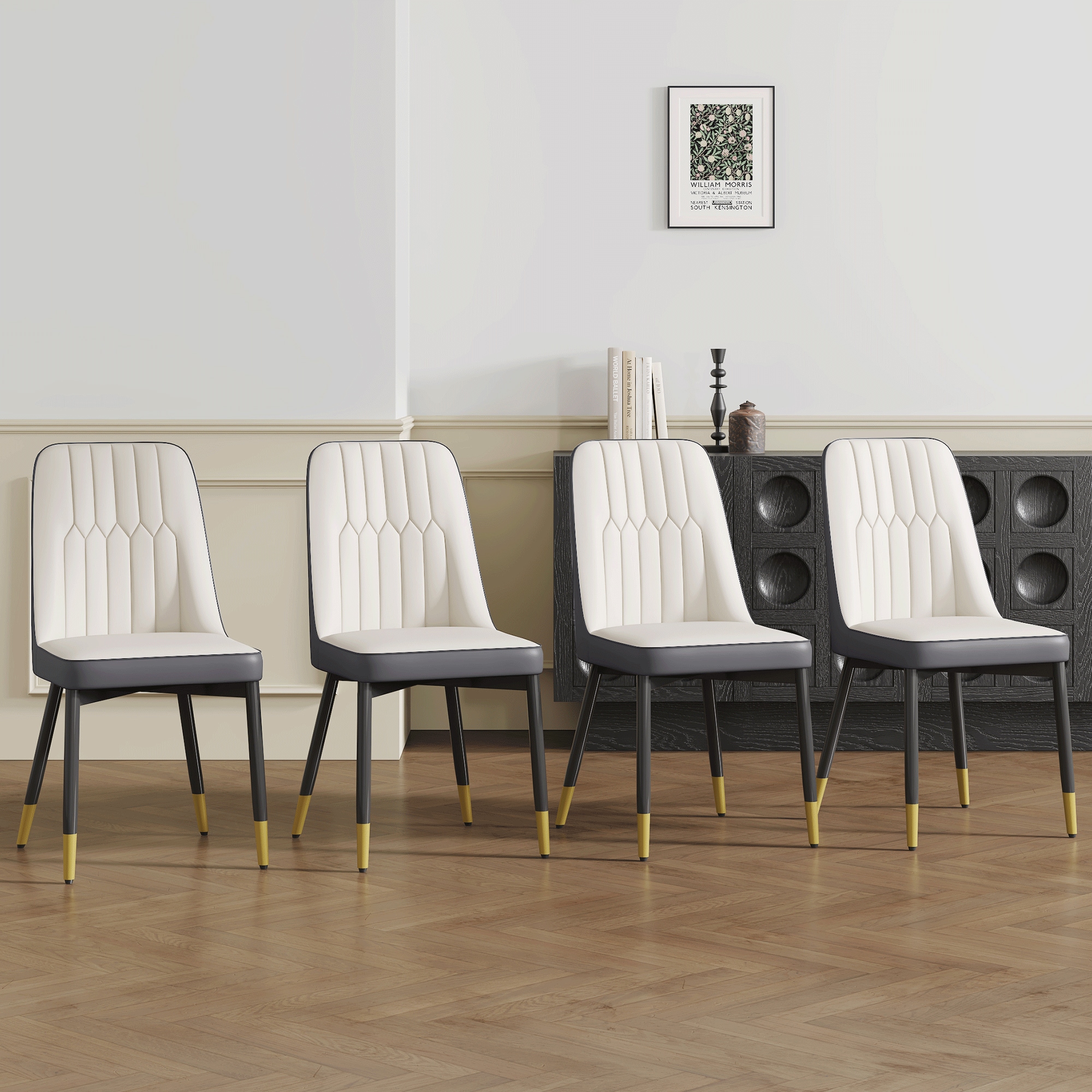 Elegant Dining Chairs Set of Four - piece Dining Chairs.Suitable for various places such as dining rooms, kitchens, living rooms, and offices.White and Dark Gray splicing Color PU Leather,Set of 4. Elegant Dining Chairs Set of Four - piece Dining Chairs.Suitable for various places such as dining rooms, kitchens, living rooms, and offices.White and Dark Gray splicing Color PU Leather,Set of 4.