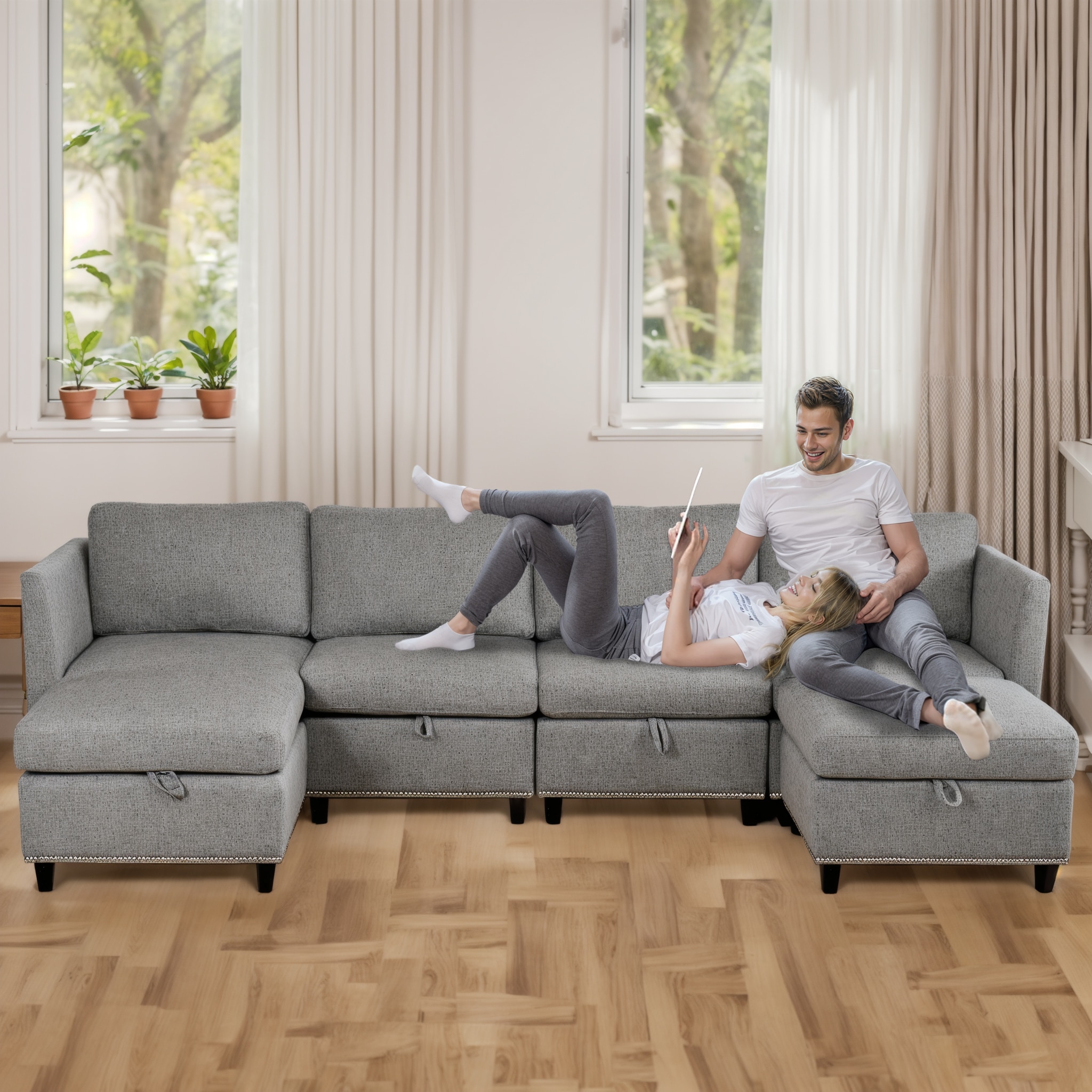 Convertible Sectional Sofa with Storage Seat 6 Seat Sofa with Reversible Chaise U Shaped Sectional Couch for Living Room,Light Grey Convertible Sectional Sofa with Storage Seat 6 Seat Sofa with Reversible Chaise U Shaped Sectional Couch for Living Room,Light Grey