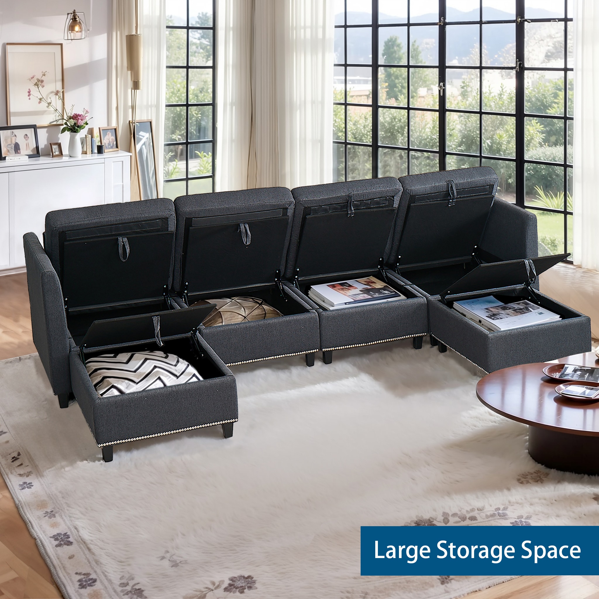 Convertible Sectional Sofa with Storage Seat 6 Seat Sofa with Reversible Chaise U Shaped Sectional Couch for Living Room,Dark Grey Convertible Sectional Sofa with Storage Seat 6 Seat Sofa with Reversible Chaise U Shaped Sectional Couch for Living Room,Dark Grey