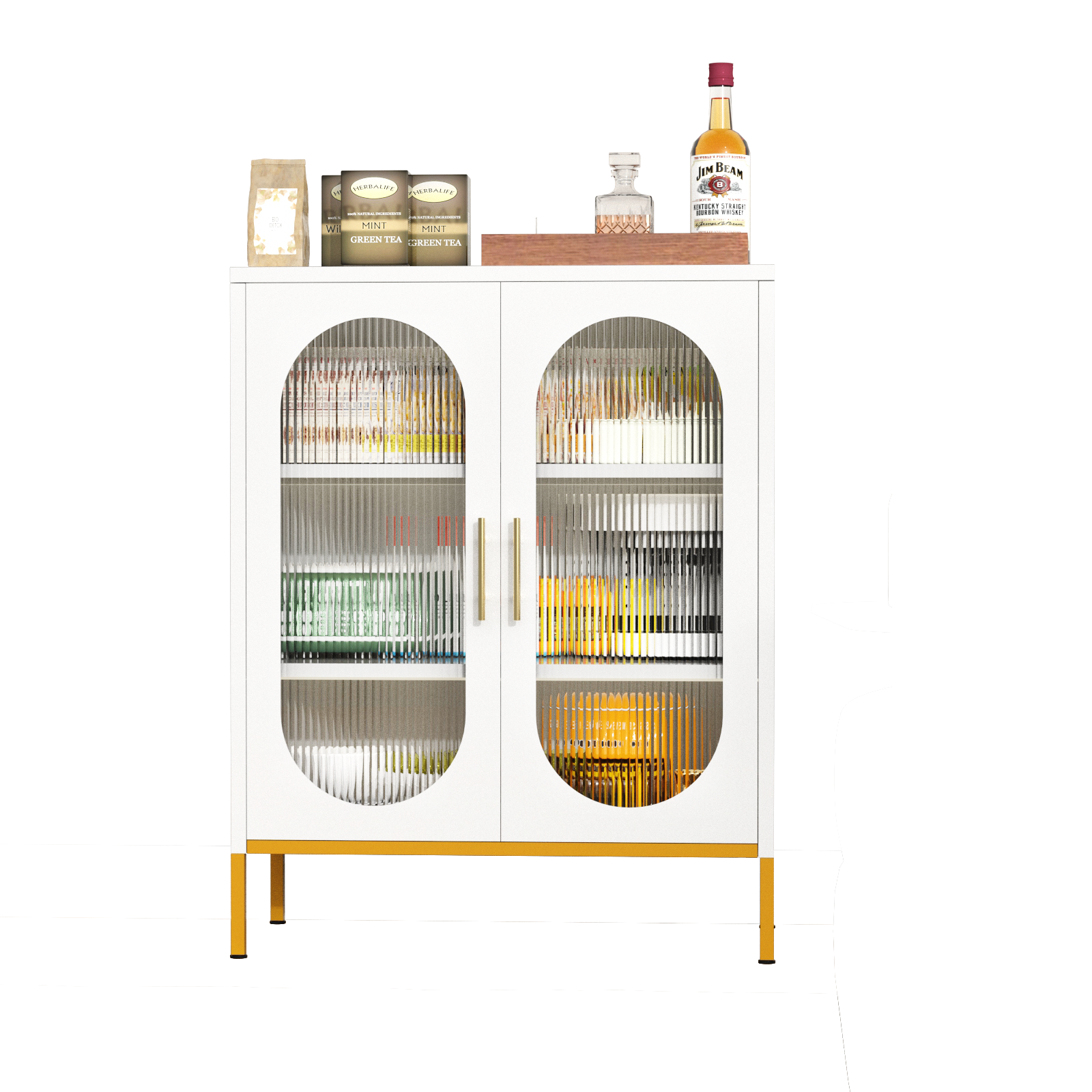 Elegant 2-Door Fluted Glass Storage Cabinet – Heavy-Duty Metal Pantry Organizer With Frosted Glass Doors, Space-Saving For Kitchen_voghion.com