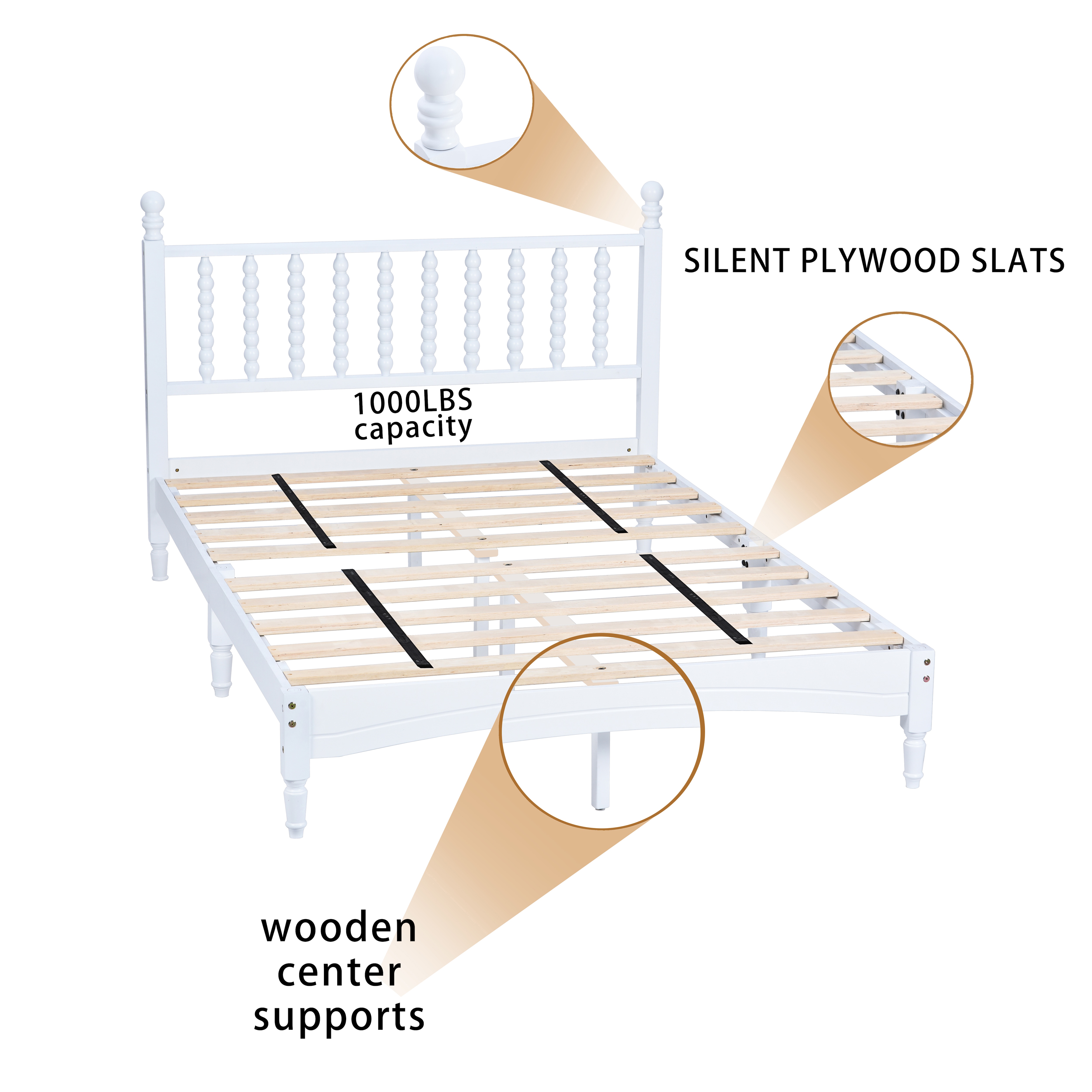 Wood Bed Frame with Spindle Headboard, Solid Rubber Wood Foundation with Wood Central Supports, 1000 Lb Capacity, Easy Assembly, No Box Spring Needed, Full- White Wood Bed Frame with Spindle Headboard, Solid Rubber Wood Foundation with Wood Central Supports, 1000 Lb Capacity, Easy Assembly, No Box Spring Needed, Full- White