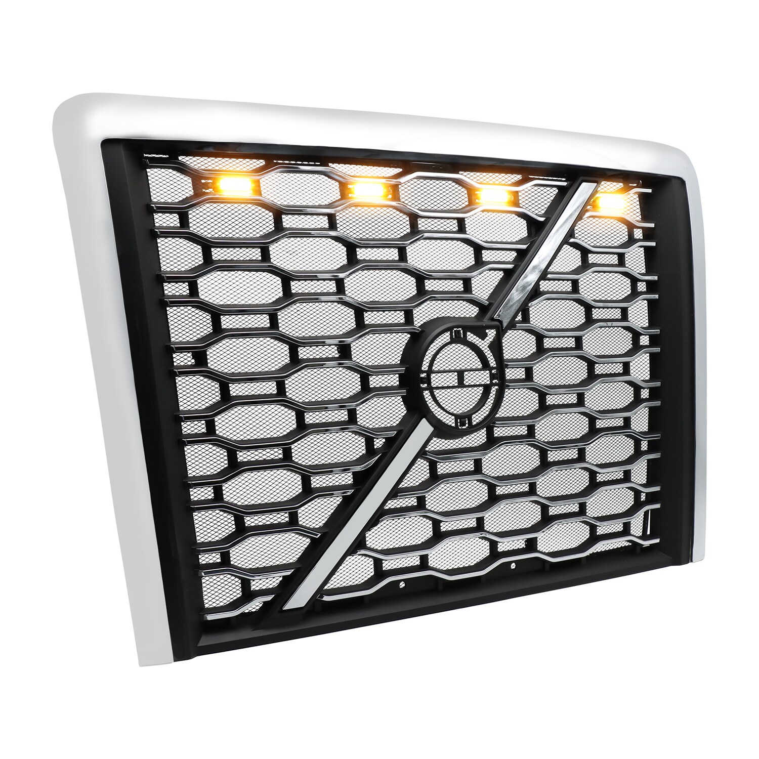 Upgrade Chrome + Black Grille Fit For 2018+ Volvo VNL Semi Trucks, With Bug Screen With Light Strip_voghion.com