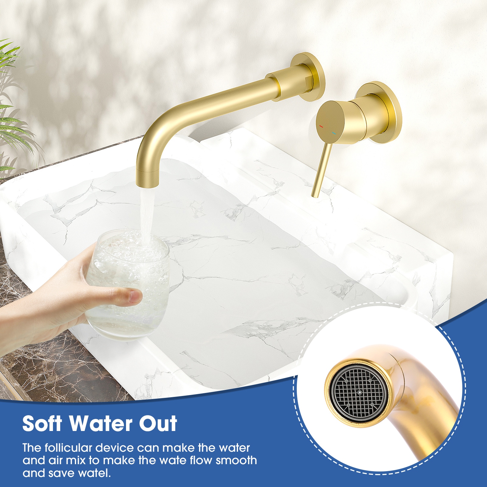 Wall Mount Faucet For Bathroom Sink Or Bathtub, Single Handle 2 Holes Brass Rough-in Valve Included, Brushed Gold_voghion.com