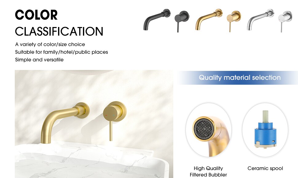 Wall Mount Faucet For Bathroom Sink Or Bathtub, Single Handle 2 Holes Brass Rough-in Valve Included, Brushed Gold_voghion.com