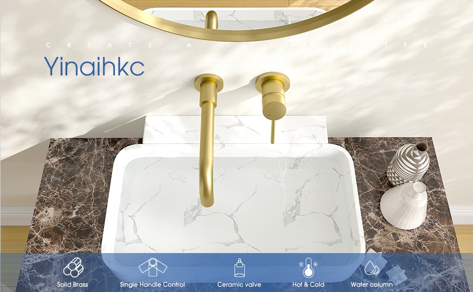 Wall Mount Faucet For Bathroom Sink Or Bathtub, Single Handle 2 Holes Brass Rough-in Valve Included, Brushed Gold_voghion.com