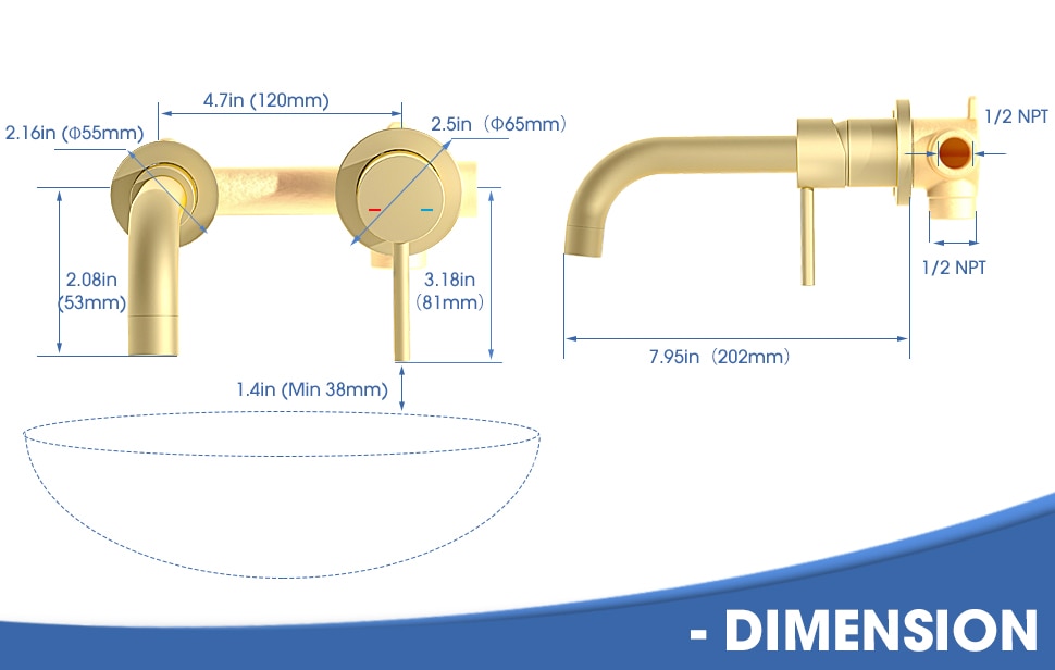 Wall Mount Faucet For Bathroom Sink Or Bathtub, Single Handle 2 Holes Brass Rough-in Valve Included, Brushed Gold_voghion.com