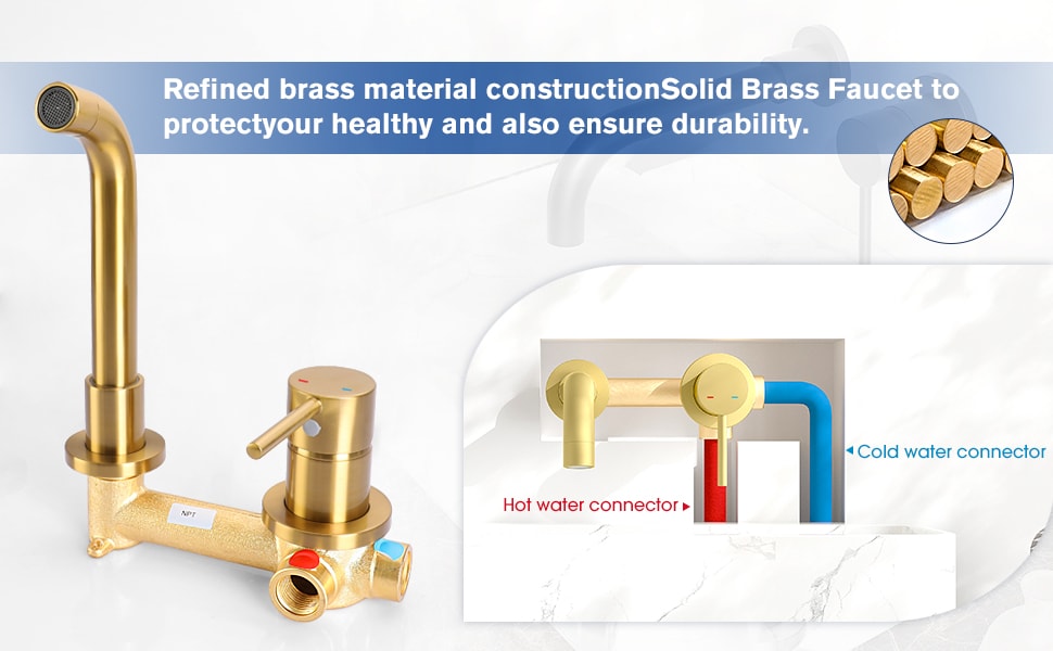 Wall Mount Faucet For Bathroom Sink Or Bathtub, Single Handle 2 Holes Brass Rough-in Valve Included, Brushed Gold_voghion.com