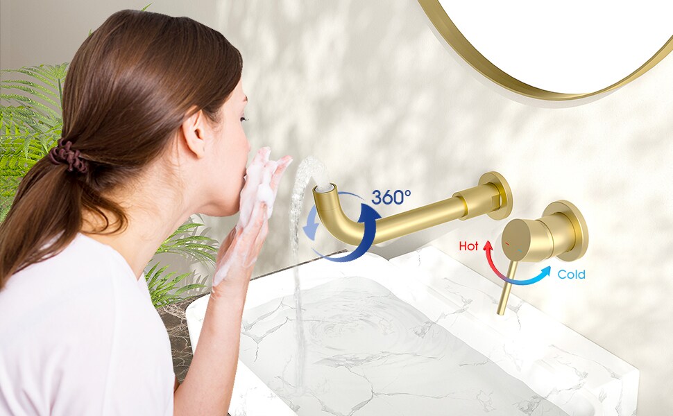 Wall Mount Faucet For Bathroom Sink Or Bathtub, Single Handle 2 Holes Brass Rough-in Valve Included, Brushed Gold_voghion.com