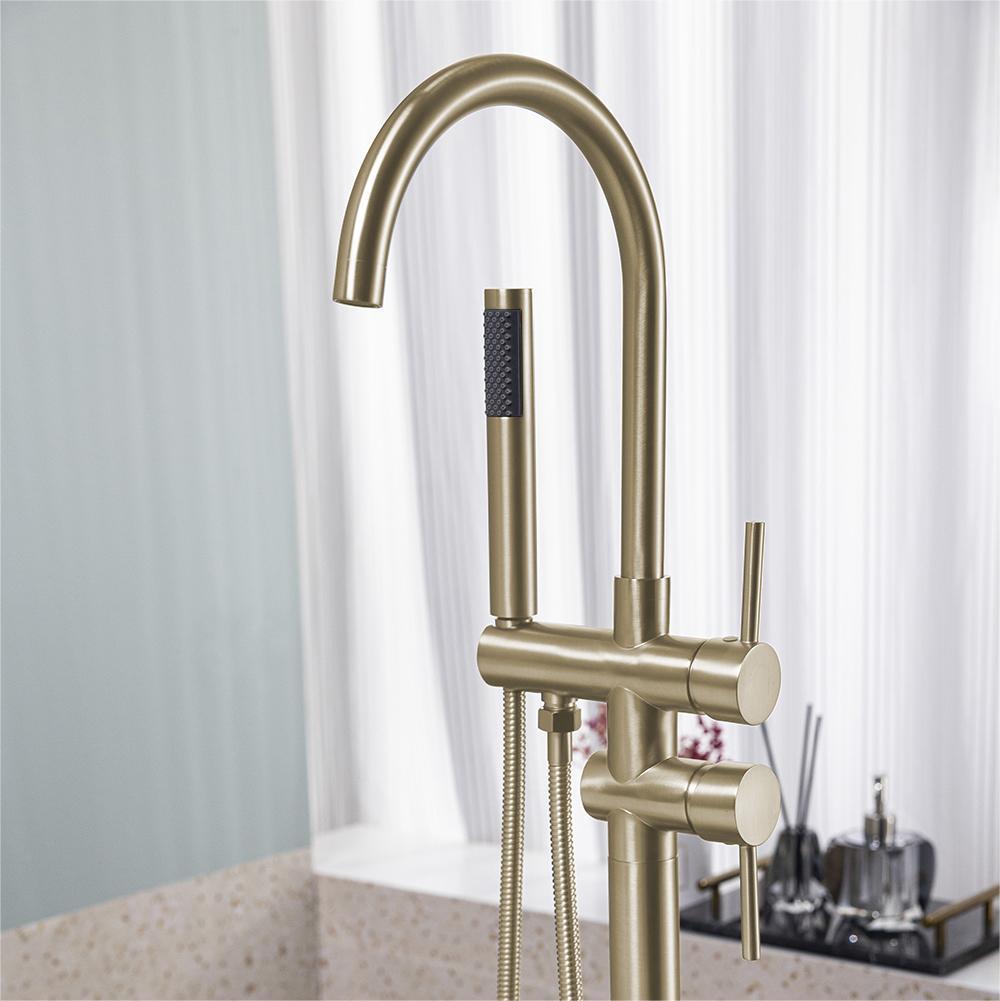 Floor Mount Bathtub Faucet Freestanding Tub Filler Brushed Gold Standing High Flow Shower Faucets With Handheld Shower Mixer Taps Swivel Spout_voghion.com