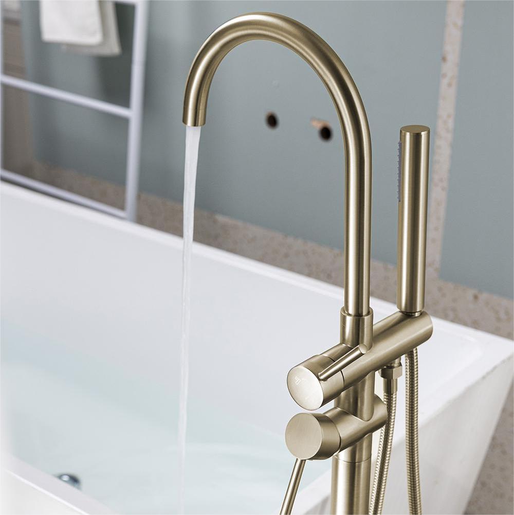 Floor Mount Bathtub Faucet Freestanding Tub Filler Brushed Gold Standing High Flow Shower Faucets With Handheld Shower Mixer Taps Swivel Spout_voghion.com
