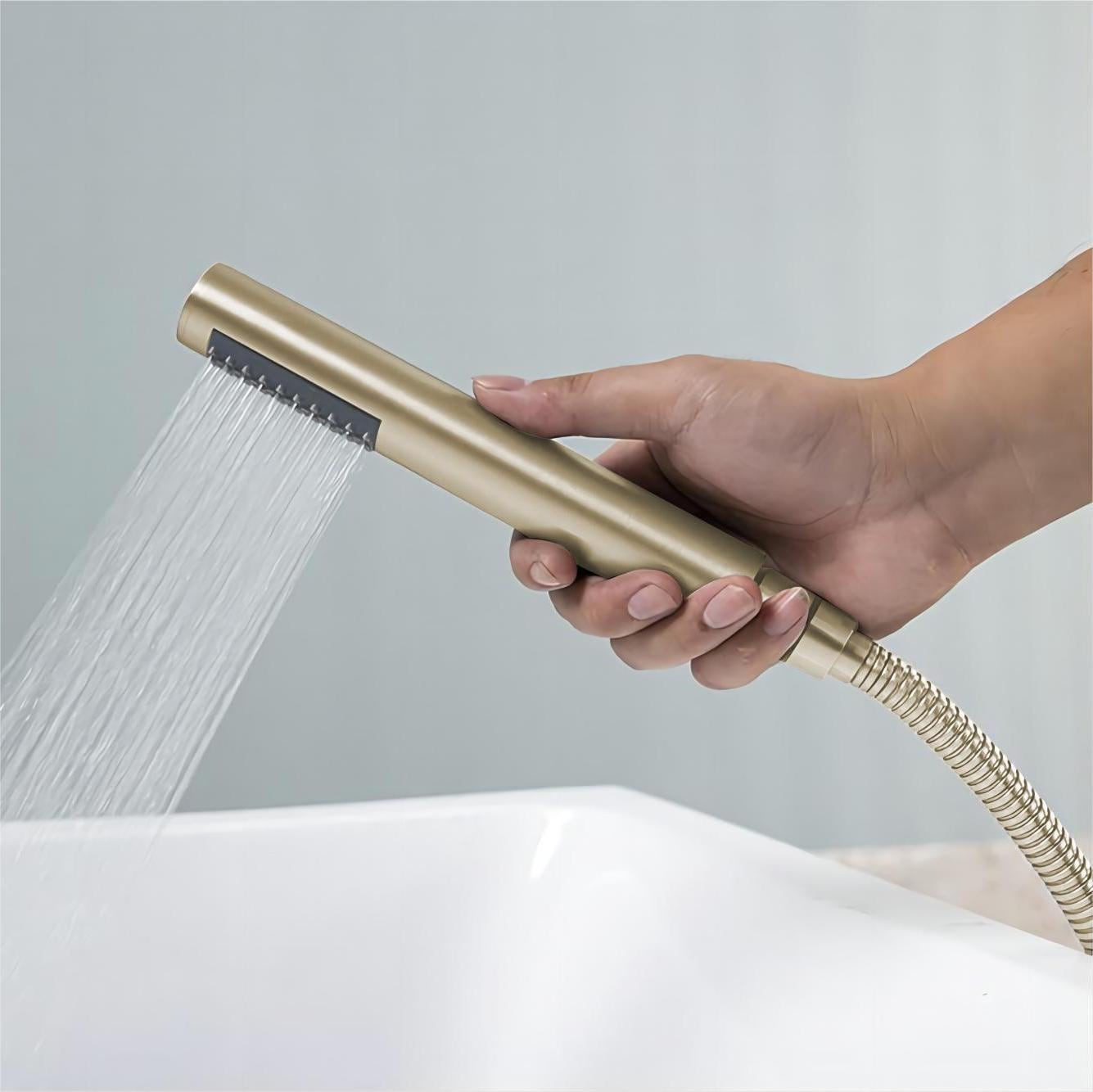Floor Mount Bathtub Faucet Freestanding Tub Filler Brushed Gold Standing High Flow Shower Faucets With Handheld Shower Mixer Taps Swivel Spout_voghion.com