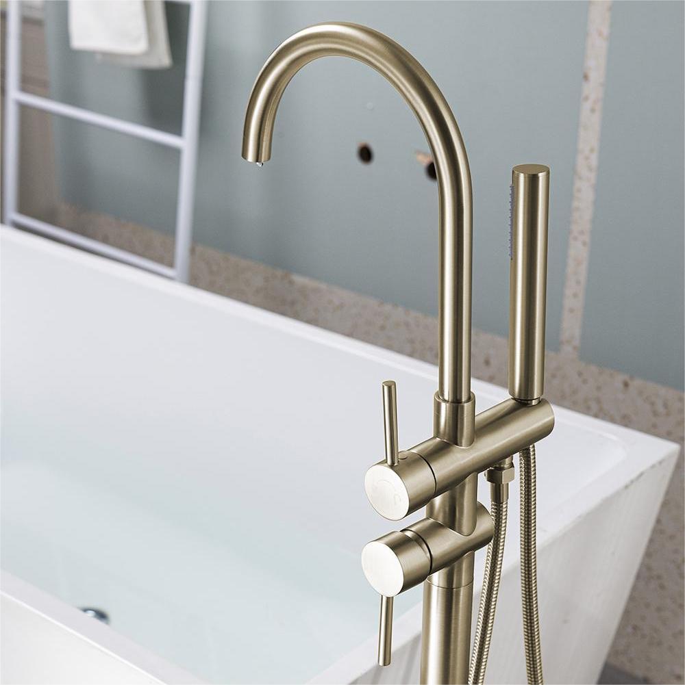 Floor Mount Bathtub Faucet Freestanding Tub Filler Brushed Gold Standing High Flow Shower Faucets With Handheld Shower Mixer Taps Swivel Spout_voghion.com