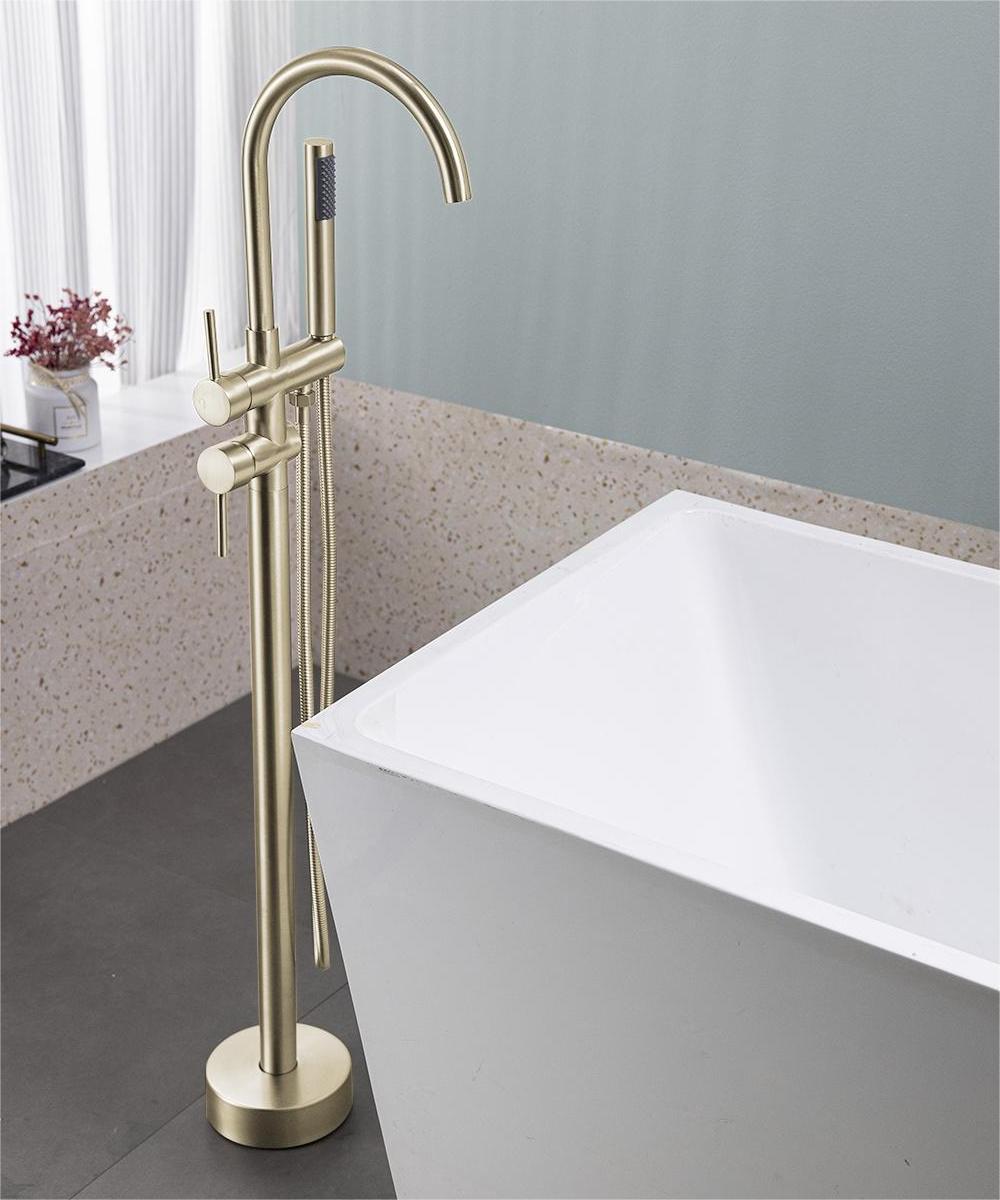 Floor Mount Bathtub Faucet Freestanding Tub Filler Brushed Gold Standing High Flow Shower Faucets With Handheld Shower Mixer Taps Swivel Spout_voghion.com