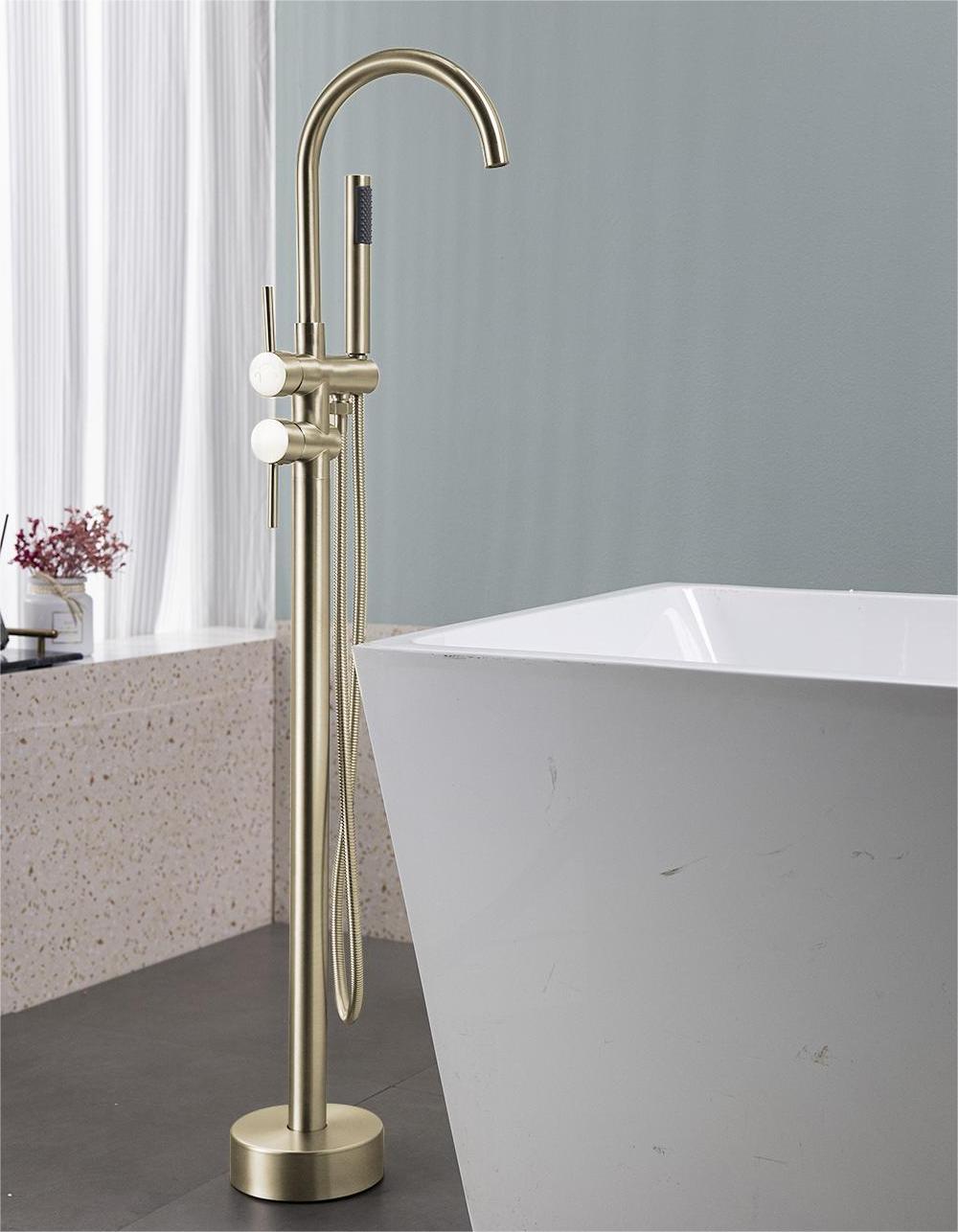 Floor Mount Bathtub Faucet Freestanding Tub Filler Brushed Gold Standing High Flow Shower Faucets With Handheld Shower Mixer Taps Swivel Spout_voghion.com
