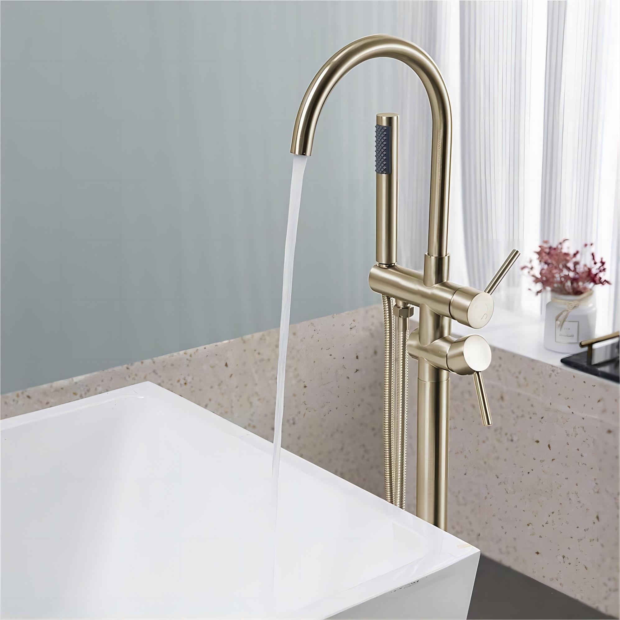 Floor Mount Bathtub Faucet Freestanding Tub Filler Brushed Gold Standing High Flow Shower Faucets With Handheld Shower Mixer Taps Swivel Spout_voghion.com