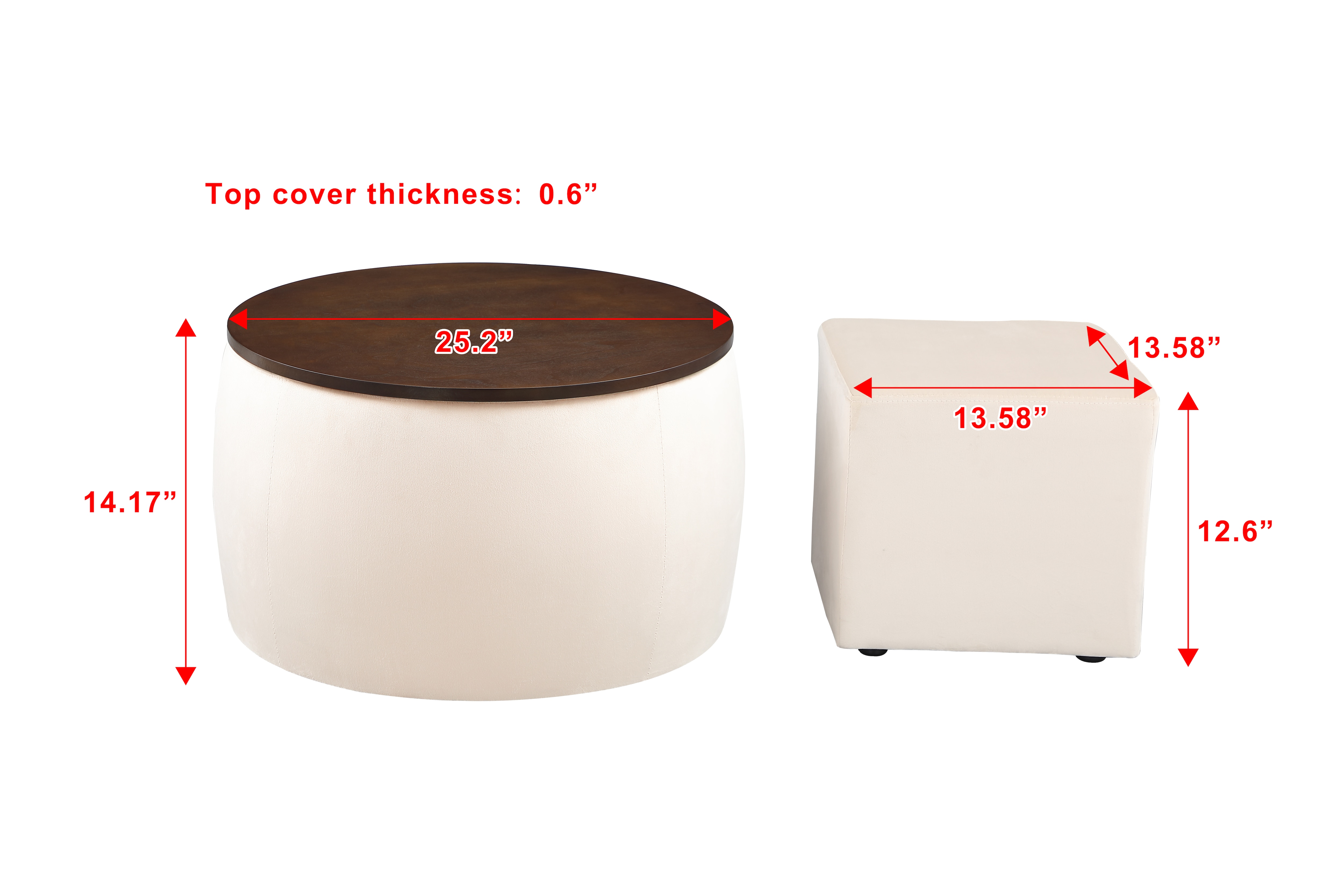 Round Ottoman Set with Storage, 2 in 1 combination, Round Coffee Table, Square Foot Rest Footstool for Living Room Bedroom Entryway Office
