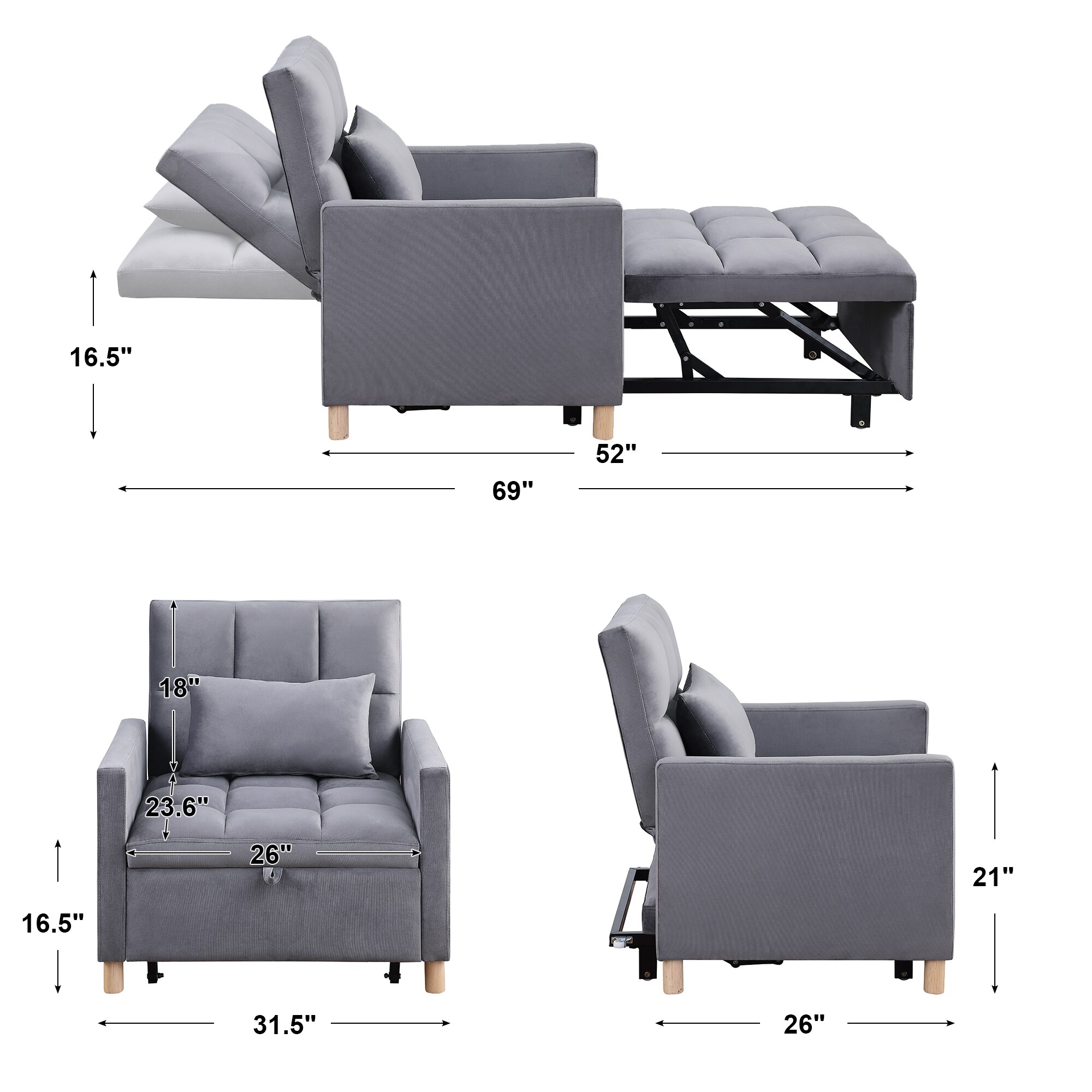 Convertible Sleeper Sofa Chair Bed, Adjustable Chair with Pillow, Multi-Functional Sleeper Chair with Soft Fabric for Living Room, Dorm, Apartment, Bedroom or Office Convertible Sleeper Sofa Chair Bed, Adjustable Chair with Pillow, Multi-Functional Sleeper Chair with Soft Fabric for Living Room, Dorm, Apartment, Bedroom or Office