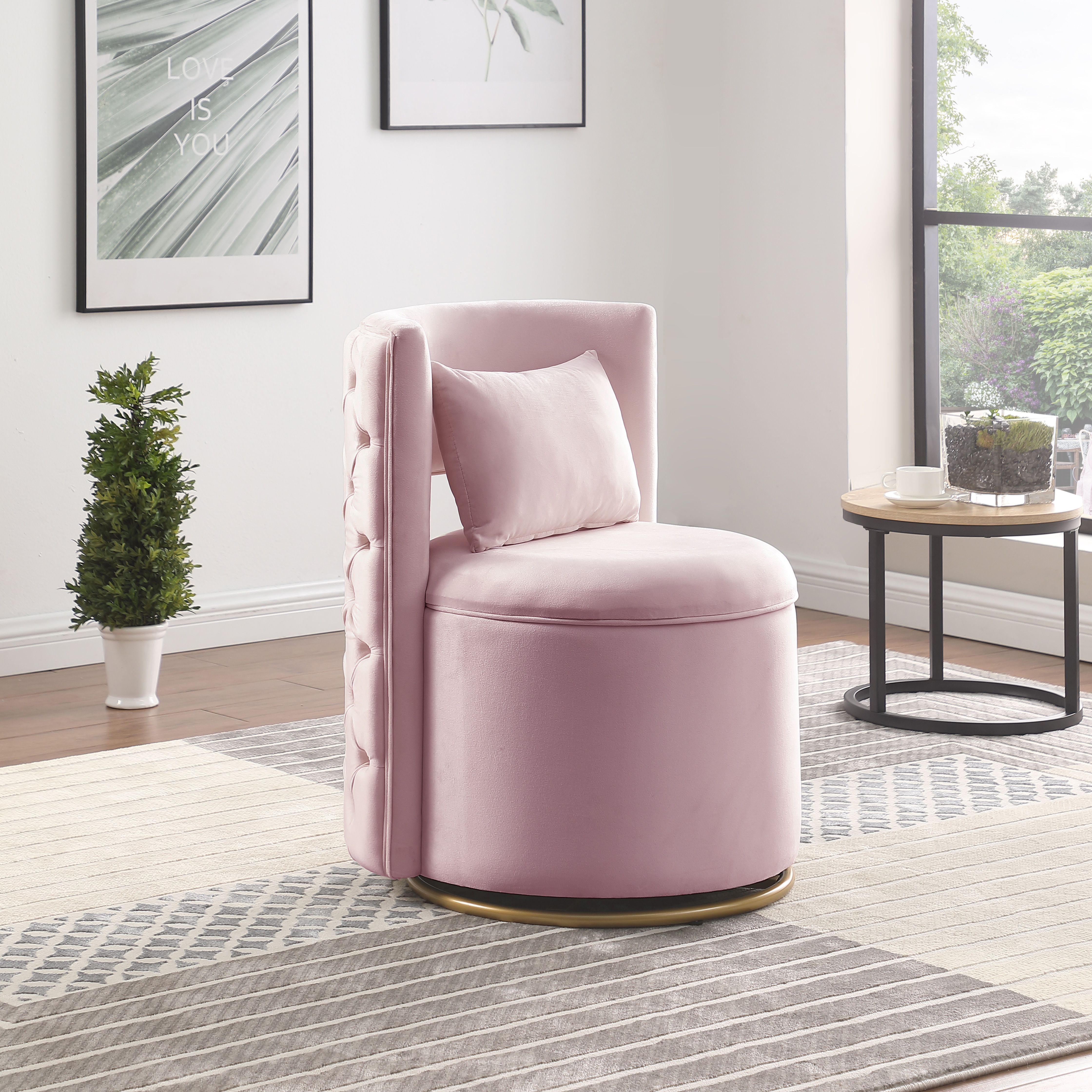 360° Swivel Accent Chair with Storage Function, Velvet Curved Chair with Gold Metal Base for Living Room, Nursery, Bedroom