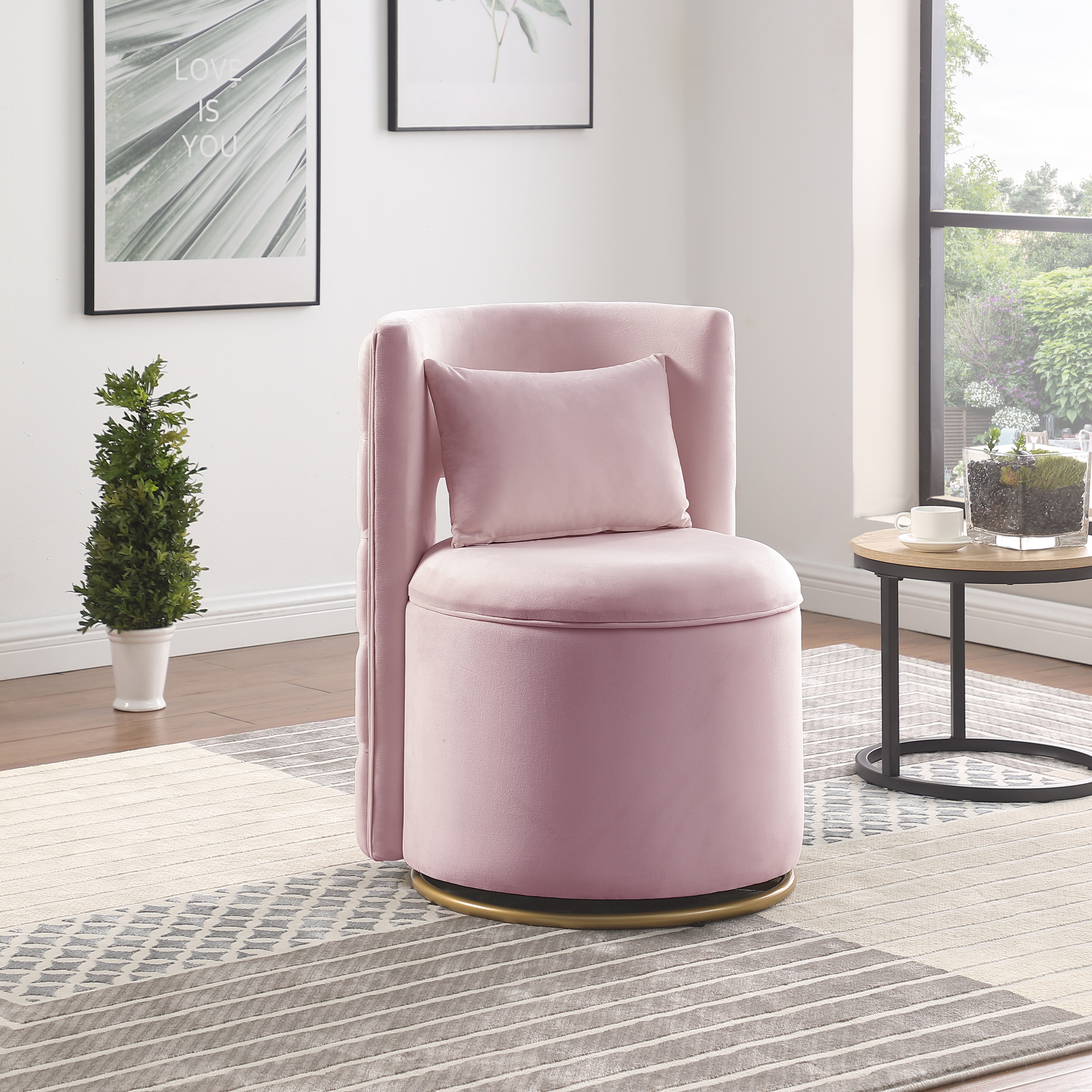 360° Swivel Accent Chair with Storage Function, Velvet Curved Chair with Gold Metal Base for Living Room, Nursery, Bedroom