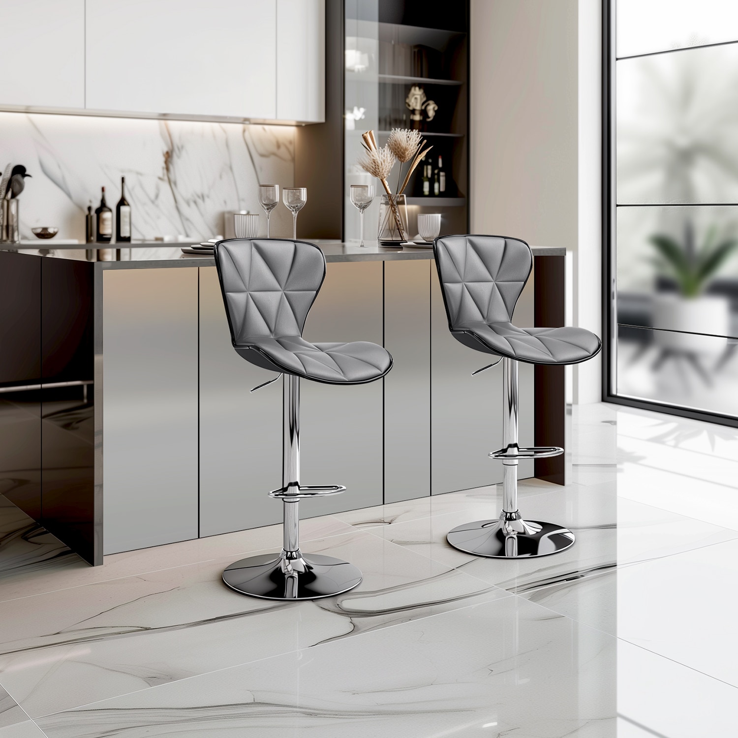 Bar Stools Set of 2, Swivel Adjustable Counter Height Barstools with Back and PU Leather-Gray Bar Stools Set of 2, Swivel Adjustable Counter Height Barstools with Back and PU Leather-Gray