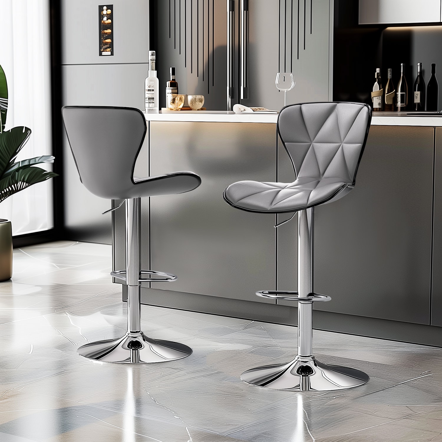 Bar Stools Set of 2, Swivel Adjustable Counter Height Barstools with Back and PU Leather-Gray Bar Stools Set of 2, Swivel Adjustable Counter Height Barstools with Back and PU Leather-Gray
