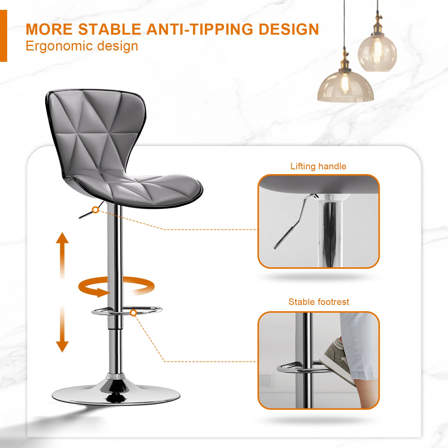 Bar Stools Set of 2, Swivel Adjustable Counter Height Barstools with Back and PU Leather-Gray Bar Stools Set of 2, Swivel Adjustable Counter Height Barstools with Back and PU Leather-Gray
