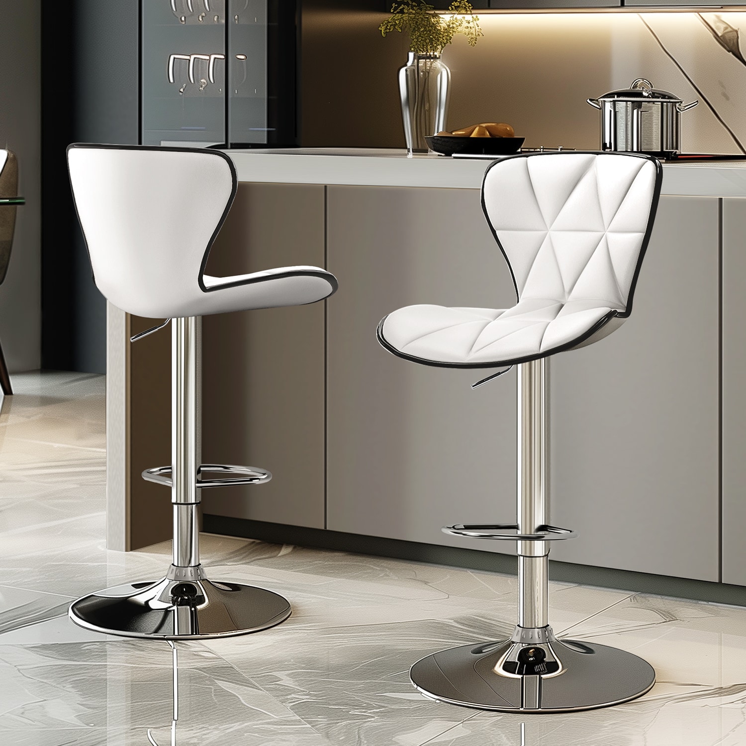 Bar Stools Set of 2, Swivel Adjustable Counter Height Barstools with Back and PU Leather-White