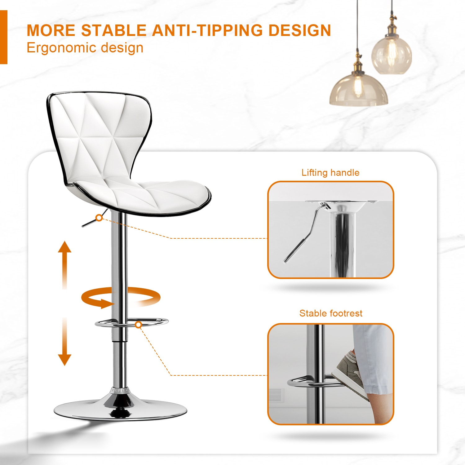 Bar Stools Set of 2, Swivel Adjustable Counter Height Barstools with Back and PU Leather-White