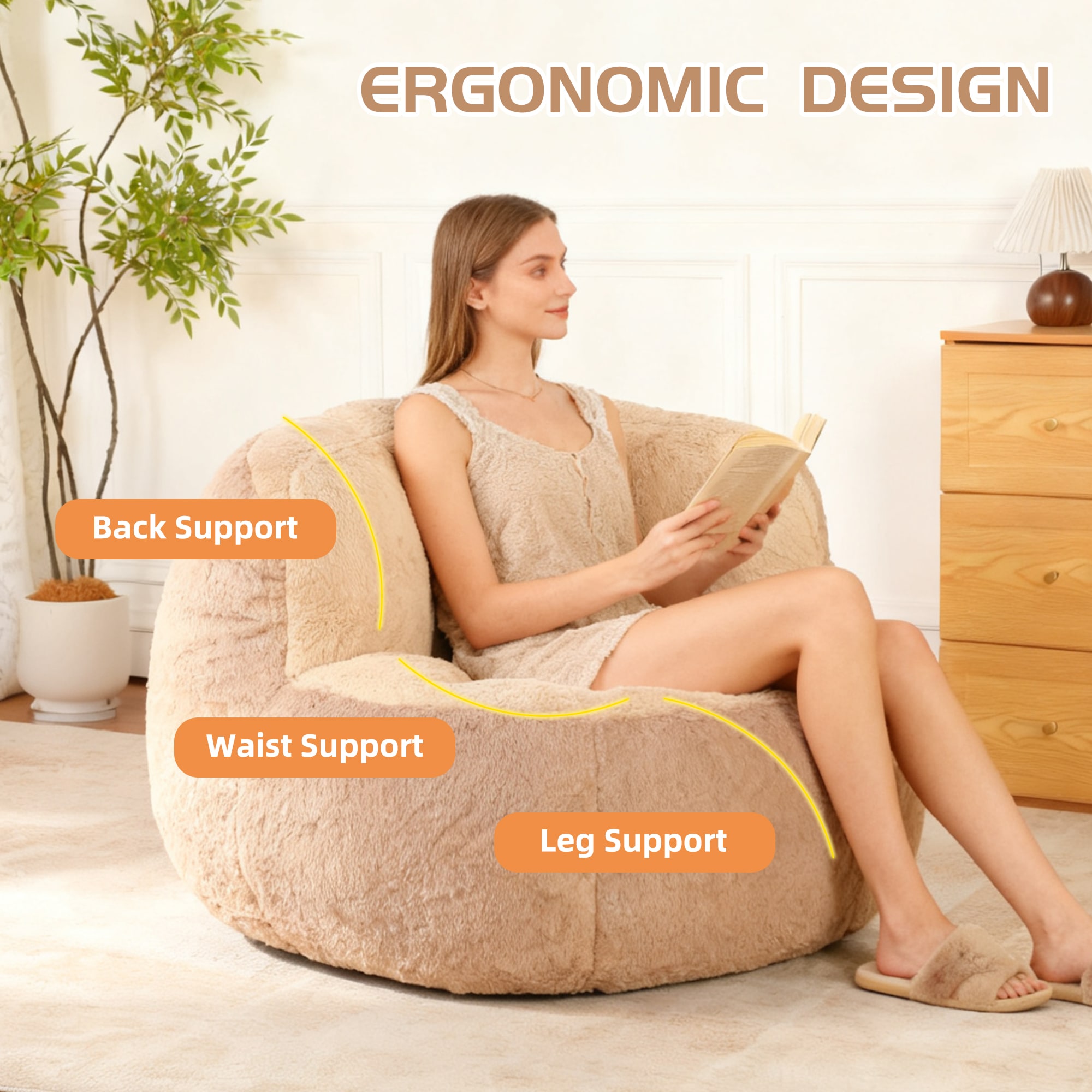 Oversized Bean Bag Chairs,Multicolor Fur Couch Filled With Shredded Sponge,Large Lounger Sofa For Living Room,No Assembly Required ,Brown+Camel_maomaolike.com
