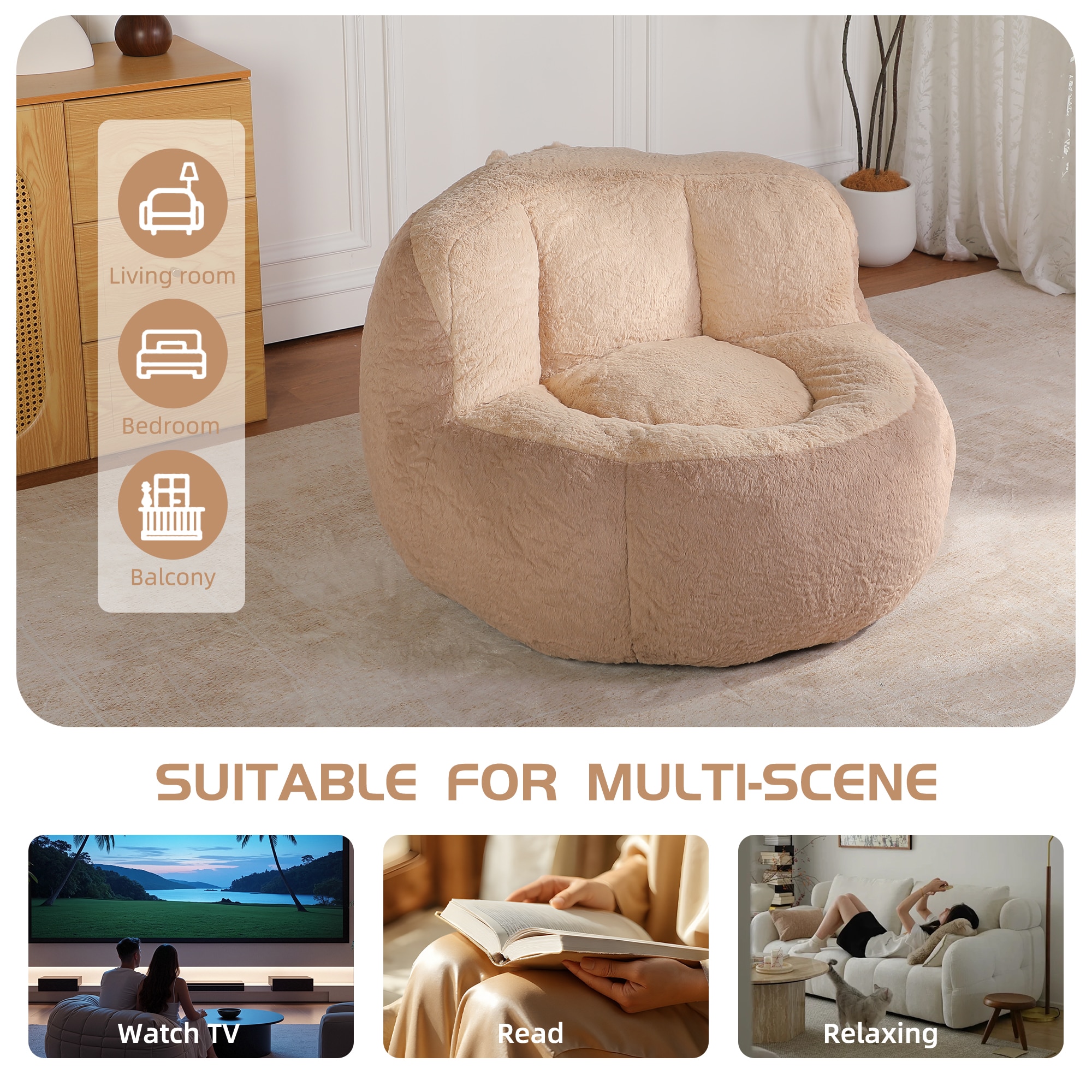 Oversized Bean Bag Chairs,Multicolor Fur Couch Filled With Shredded Sponge,Large Lounger Sofa For Living Room,No Assembly Required ,Brown+Camel_maomaolike.com
