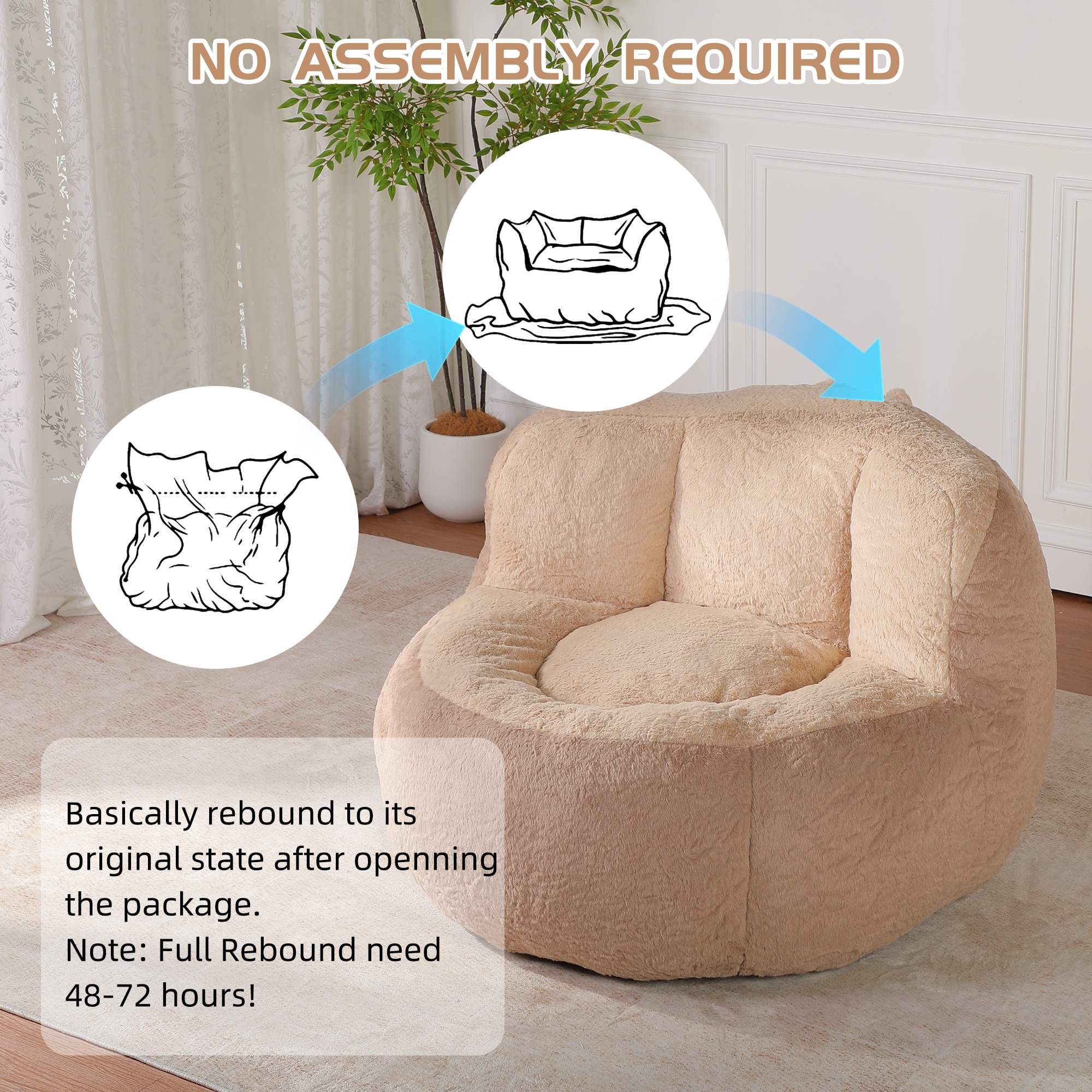 Oversized Bean Bag Chairs,Multicolor Fur Couch Filled With Shredded Sponge,Large Lounger Sofa For Living Room,No Assembly Required ,Brown+Camel_maomaolike.com