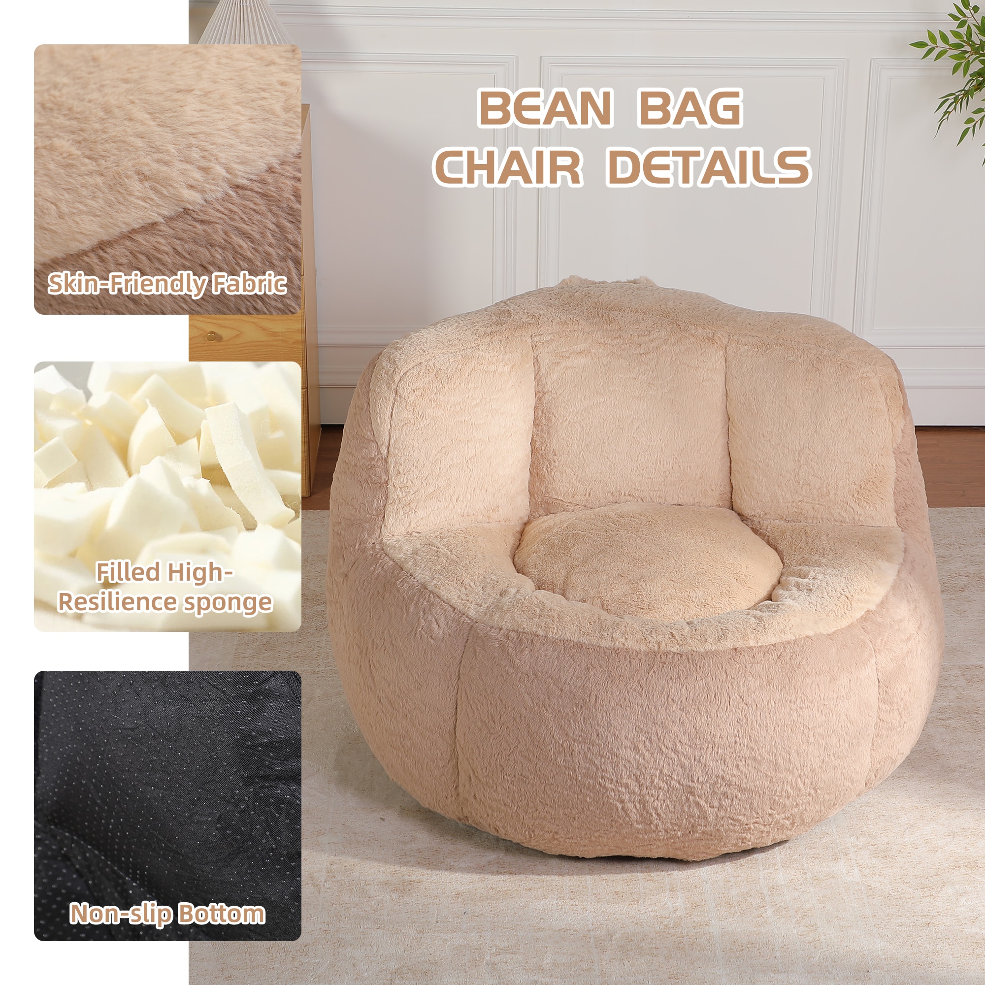 Oversized Bean Bag Chairs,Multicolor Fur Couch Filled With Shredded Sponge,Large Lounger Sofa For Living Room,No Assembly Required ,Brown+Camel_maomaolike.com