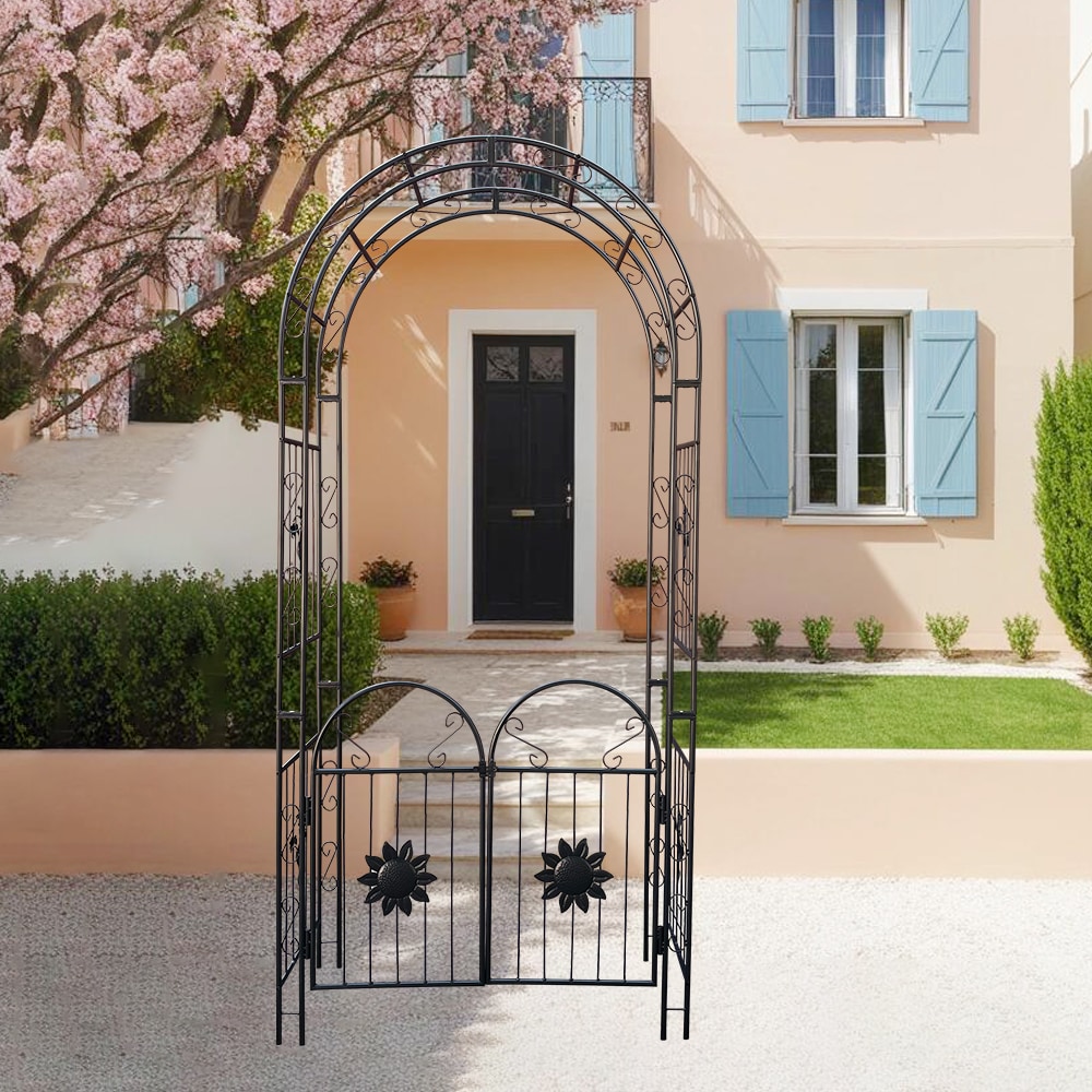 Metal Garden Arch With Doors Garden Arbor Trellis Climbing Plants Support Arch Outdoor Arch Wedding Arch Party Events Archway Black_voghion.com
