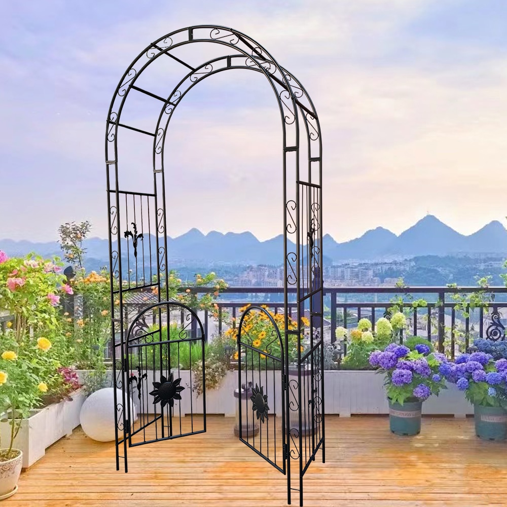 Metal Garden Arch With Doors Garden Arbor Trellis Climbing Plants Support Arch Outdoor Arch Wedding Arch Party Events Archway Black_voghion.com