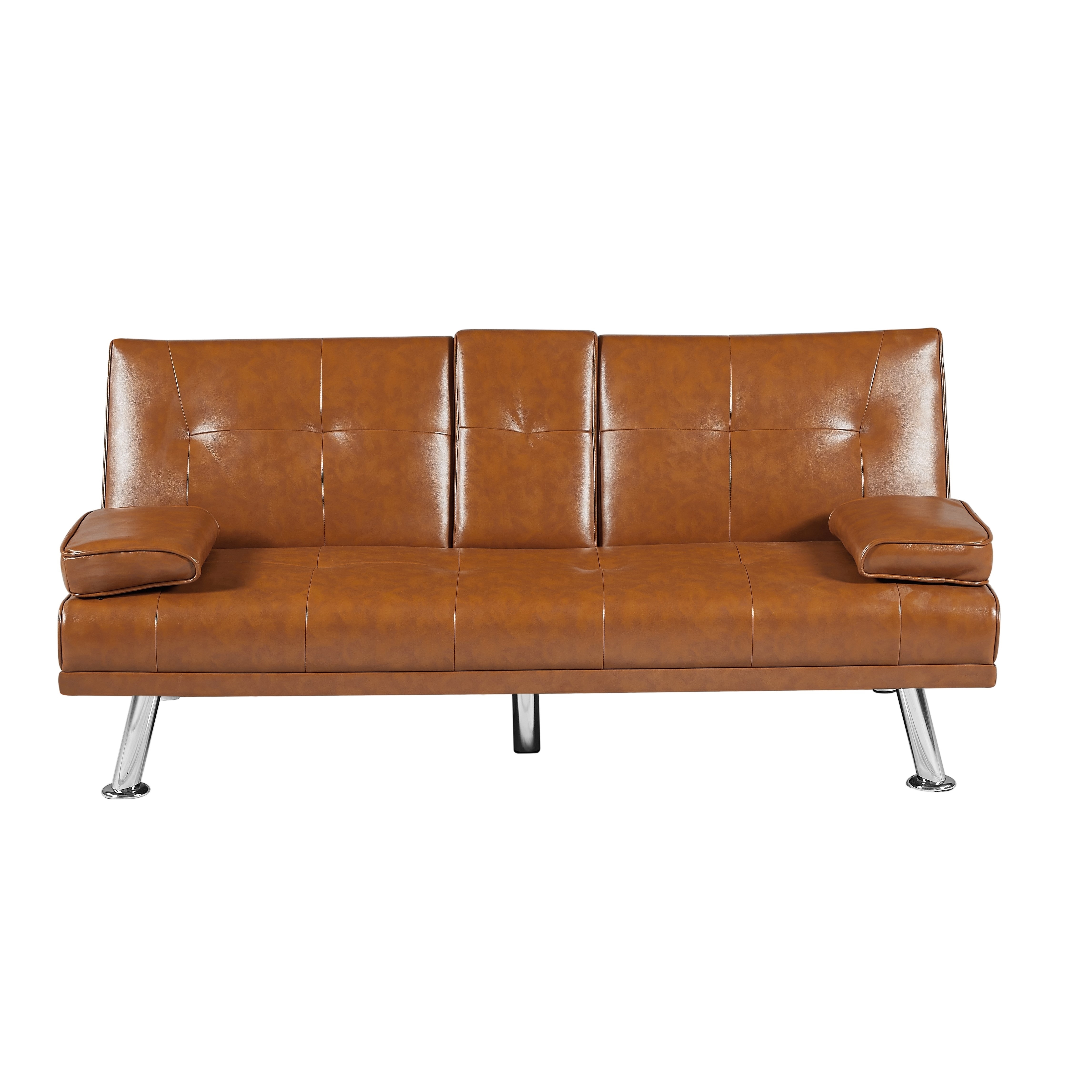 Bright brown PU 66inch Sleeper Sofa,2-seat Sofa With Cup Holder, Folding Sofa Bed, Accompany Two Head Pillows, Bright brown PU 66inch Sleeper Sofa,2-seat Sofa With Cup Holder, Folding Sofa Bed, Accompany Two Head Pillows,