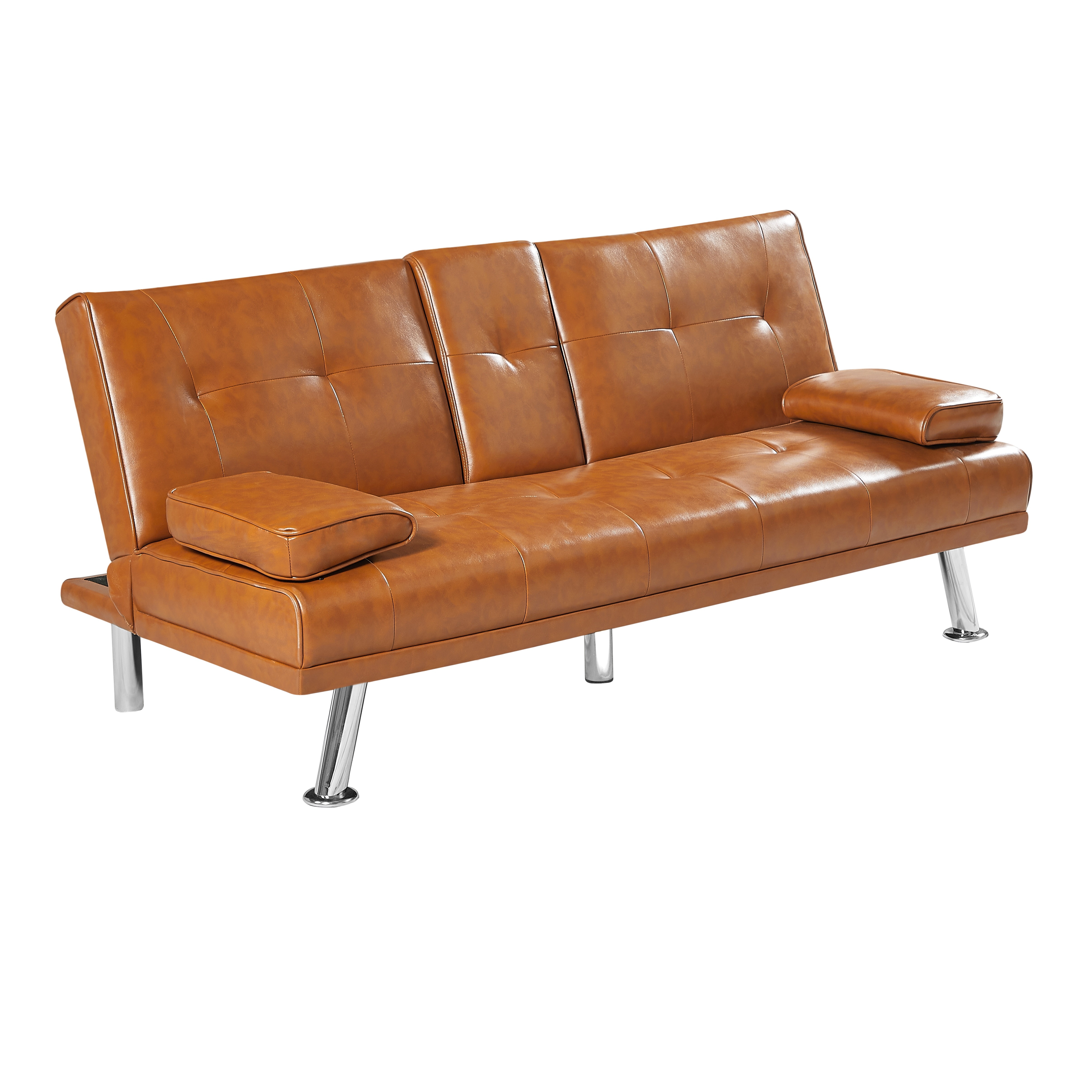 Bright brown PU 66inch Sleeper Sofa,2-seat Sofa With Cup Holder, Folding Sofa Bed, Accompany Two Head Pillows, Bright brown PU 66inch Sleeper Sofa,2-seat Sofa With Cup Holder, Folding Sofa Bed, Accompany Two Head Pillows,