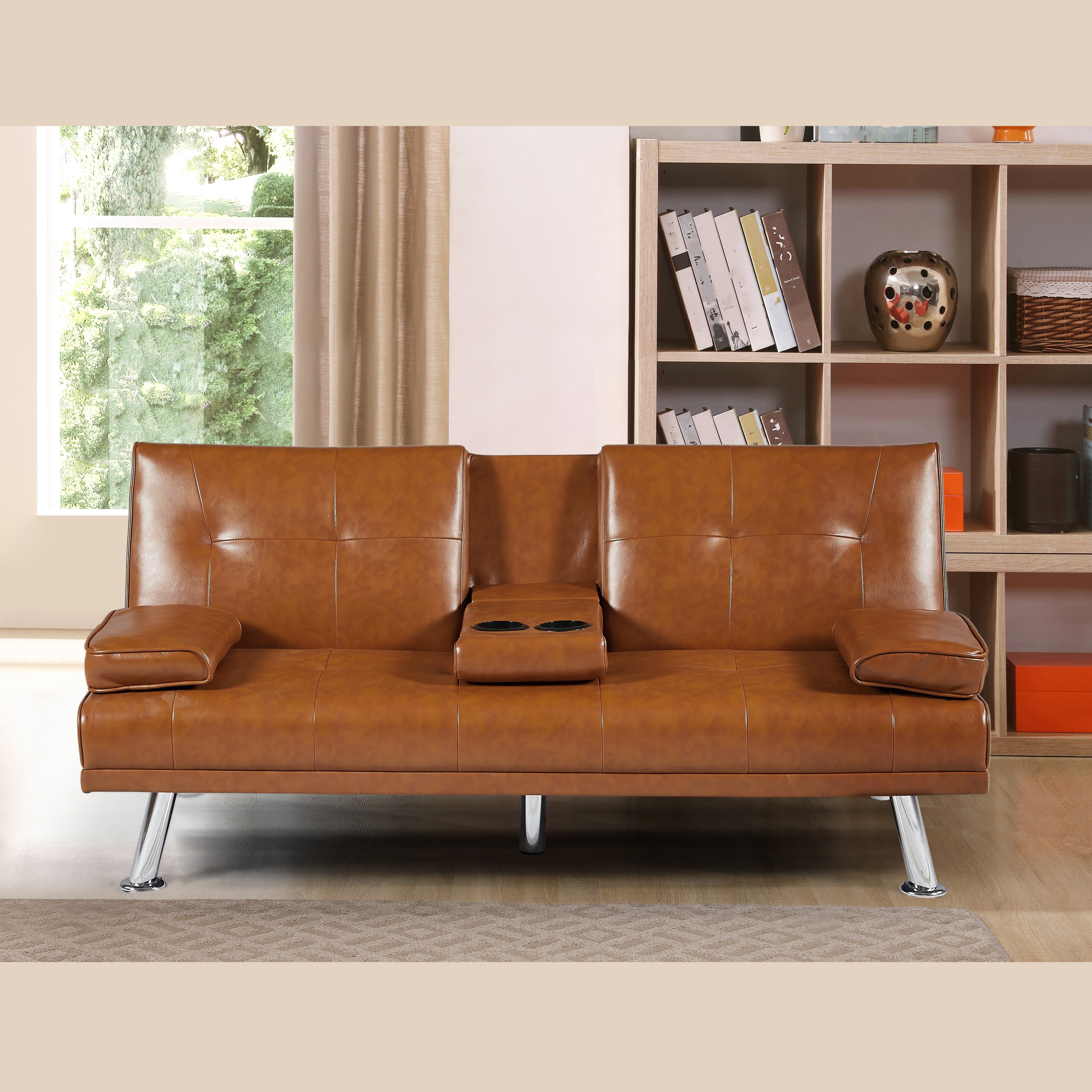 Bright brown PU 66inch Sleeper Sofa,2-seat Sofa With Cup Holder,  Folding Sofa Bed, Accompany Two Head Pillows,