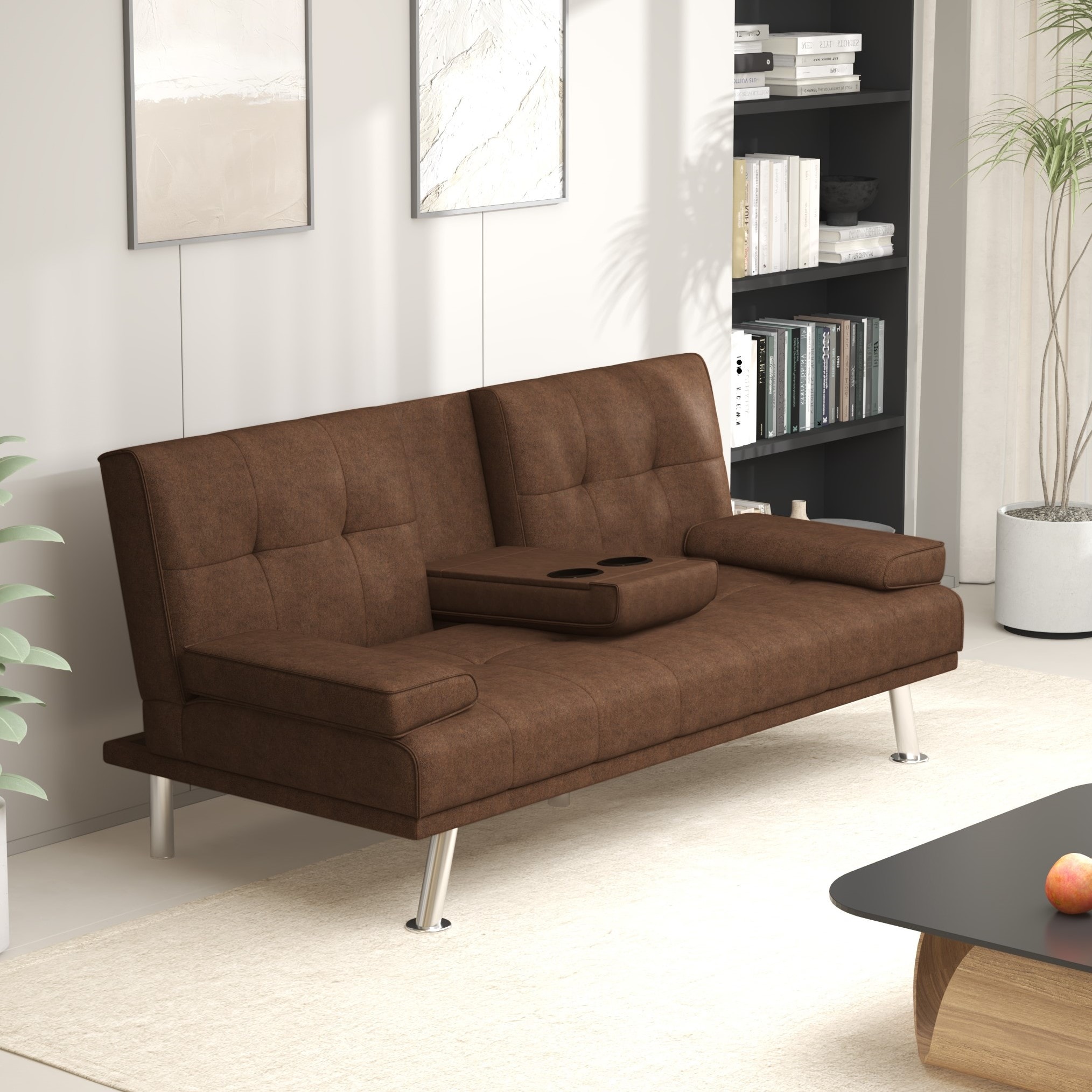 Coffee Micro-suede Technology Cloth 66inch Sleeper Sofa,2-seat Sofa With Cup Holder,  Folding Sofa Bed, Accompany Two Head Pillows,
