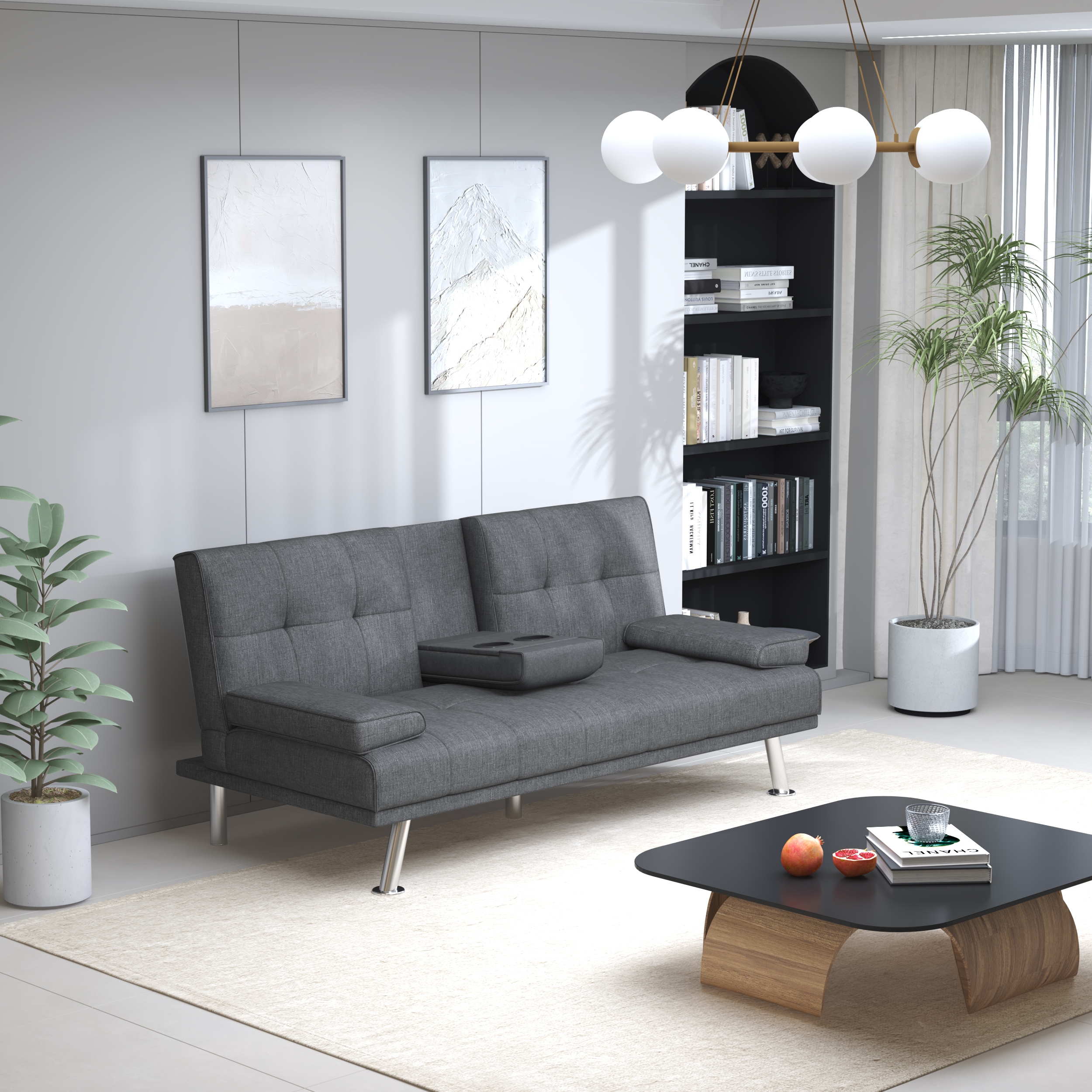 Charcoal Grey Two-tone Linen 66inch Sleeper Sofa,2-seat Sofa With Cup Holder, Folding Sofa Bed, Accompany Two Head Pillows, Charcoal Grey Two-tone Linen 66inch Sleeper Sofa,2-seat Sofa With Cup Holder, Folding Sofa Bed, Accompany Two Head Pillows,