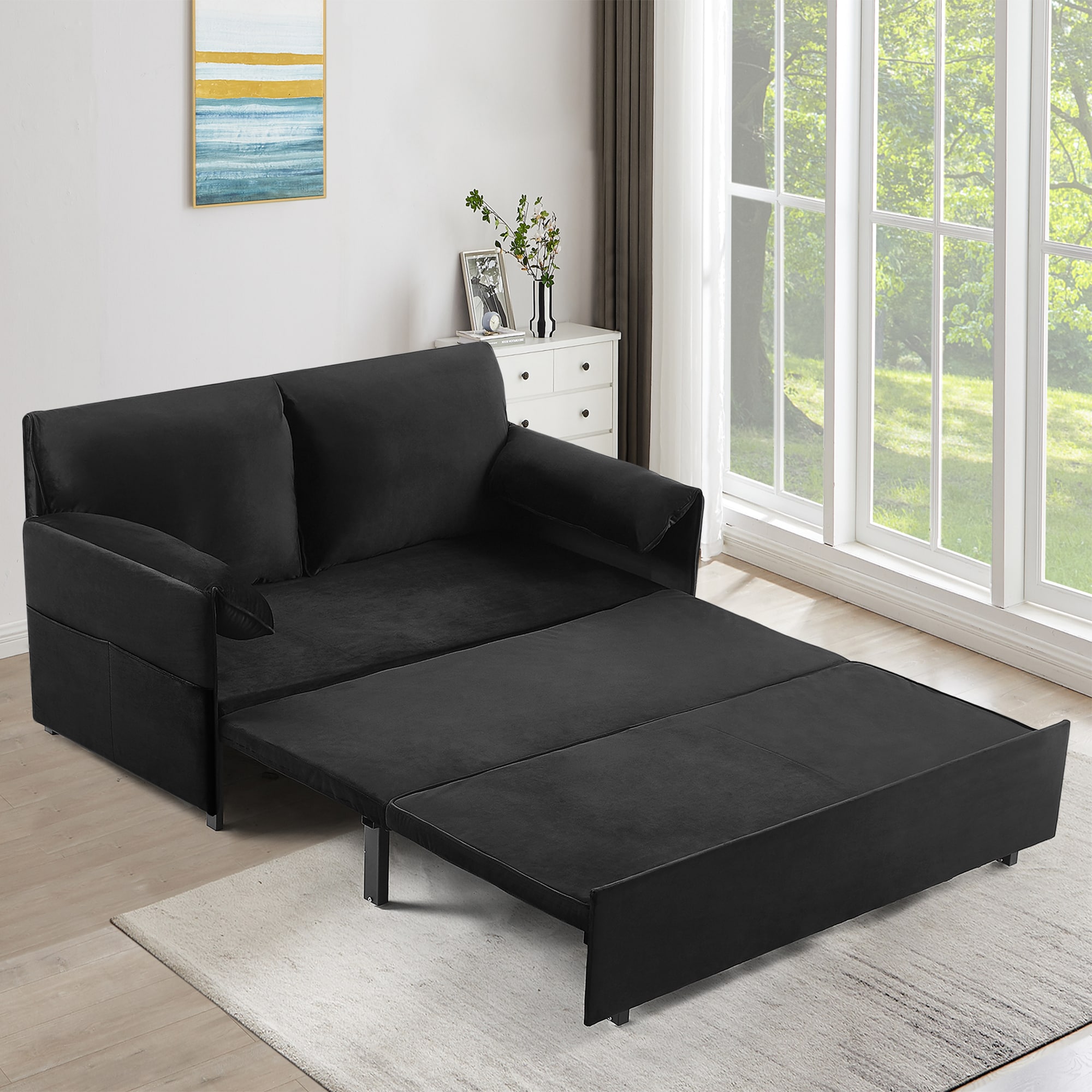 63inch Variable sofa bed with double armrest,
Black velvet fabric sofa bed,
Pull-down 80inch Comfortable large bed 63inch Variable sofa bed with double armrest,
Black velvet fabric sofa bed,
Pull-down 80inch Comfortable large bed