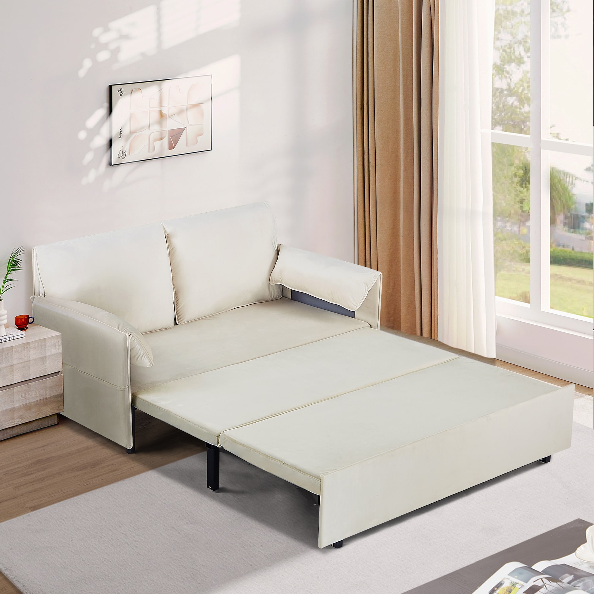 63inch Variable sofa bed with double armrest,
Beige velvet fabric sofa bed,
Pull-down 80inch Comfortable large bed 63inch Variable sofa bed with double armrest,
Beige velvet fabric sofa bed,
Pull-down 80inch Comfortable large bed