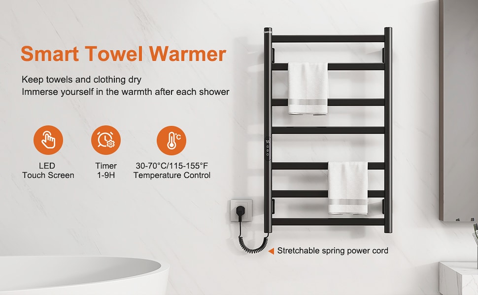 SIOYIE Towel Warmer Bathroom Wall Mounted 7 Bars Electric Towel Drying, 150W 800 × 500 MM Heated Towel Rack With Intelligent Touch Screen Timer And Temperature Control_voghion.com