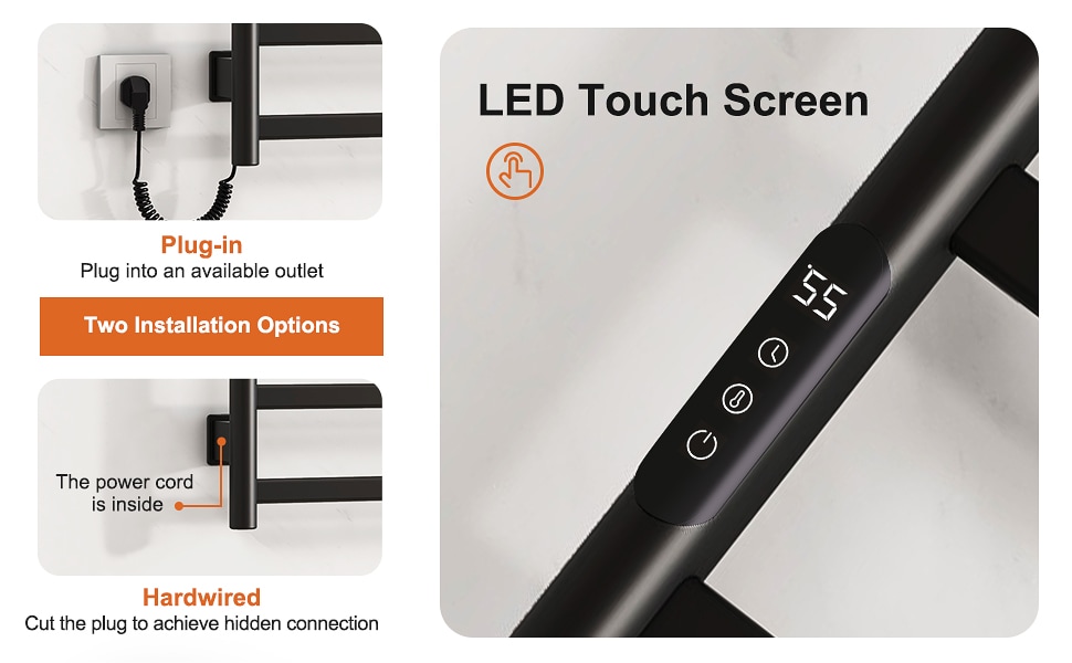 SIOYIE Towel Warmer Bathroom Wall Mounted 7 Bars Electric Towel Drying, 150W 800 × 500 MM Heated Towel Rack With Intelligent Touch Screen Timer And Temperature Control_voghion.com